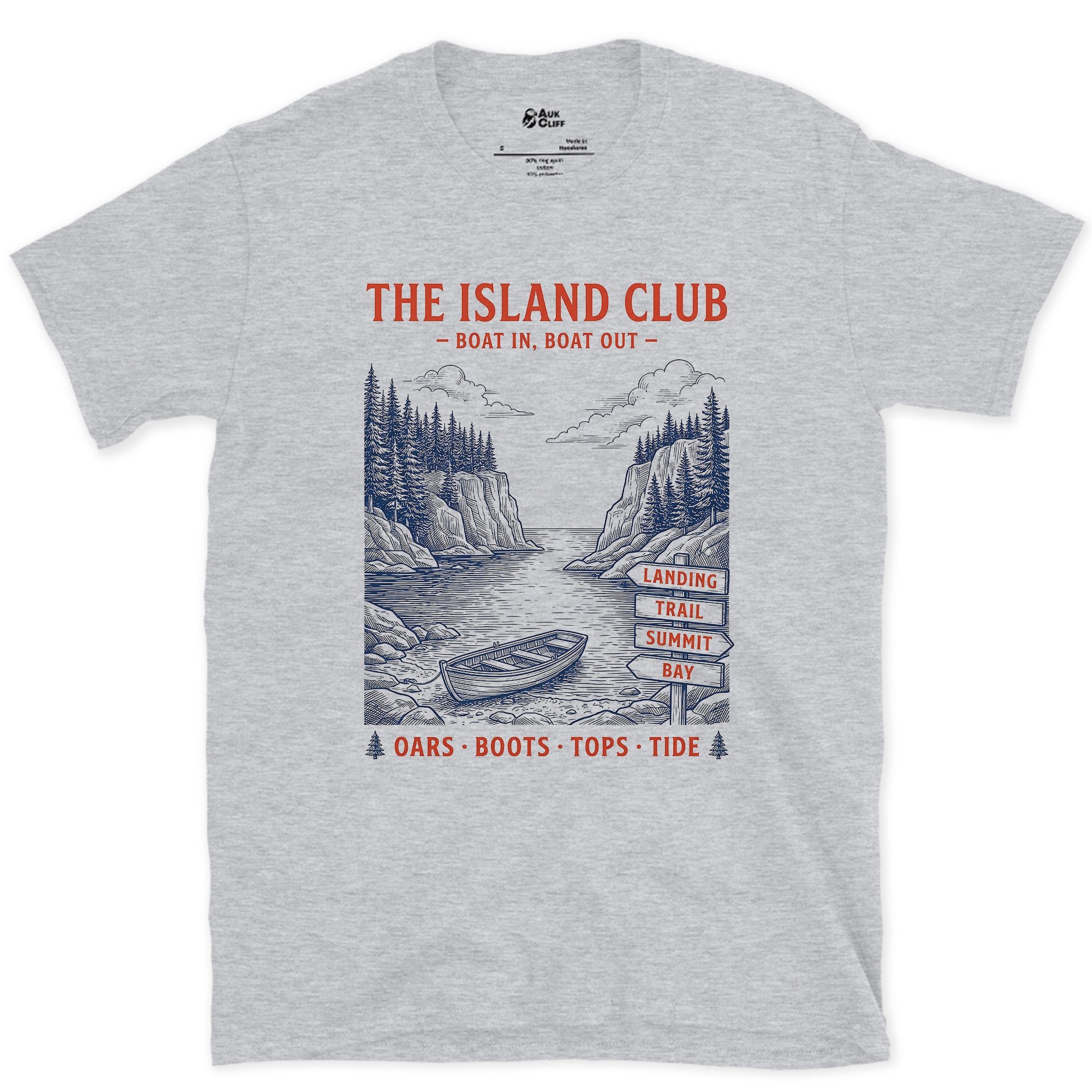 Oars, Boots, Tops, Tide, Island Club design on a Sport Grey Gildan Softstyle t-shirt