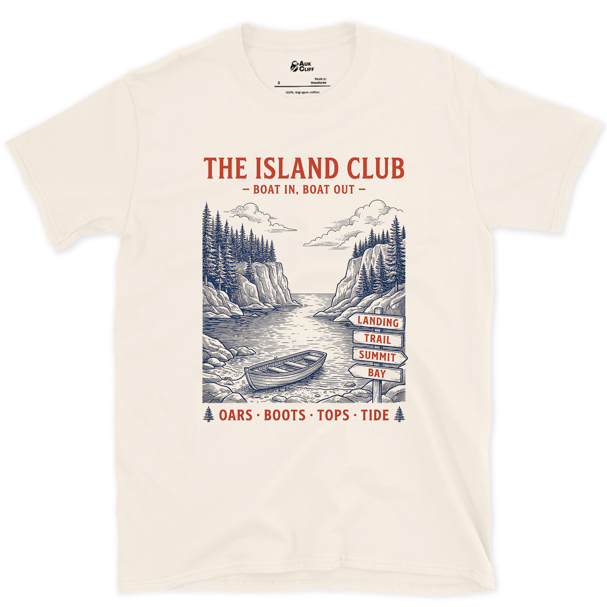 Oars, Boots, Tops, Tide, Island Club design on a Natural Gildan Softstyle t-shirt