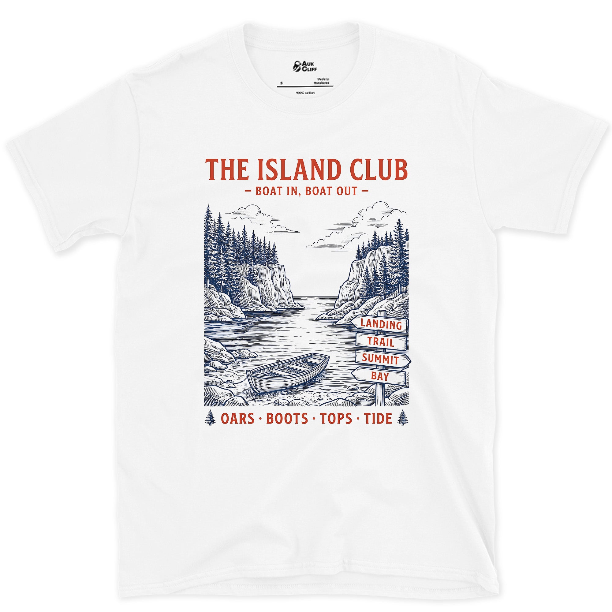 Oars, Boots, Tops, Tide, Island Club design on a White Gildan Softstyle t-shirt