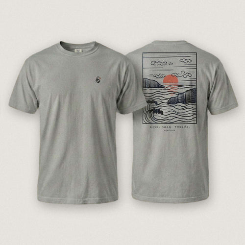 AukCliff Ocean Sunset Waves tee in Grey, sunset and waves line art across the back