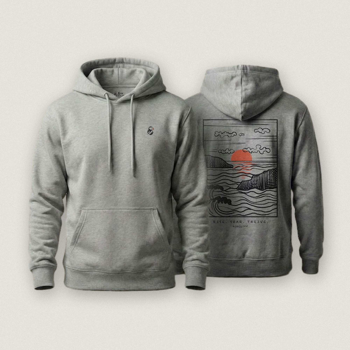 AukCliff Ocean Sunset Waves hoodie in Carbon Grey, sunset and waves line art across the back