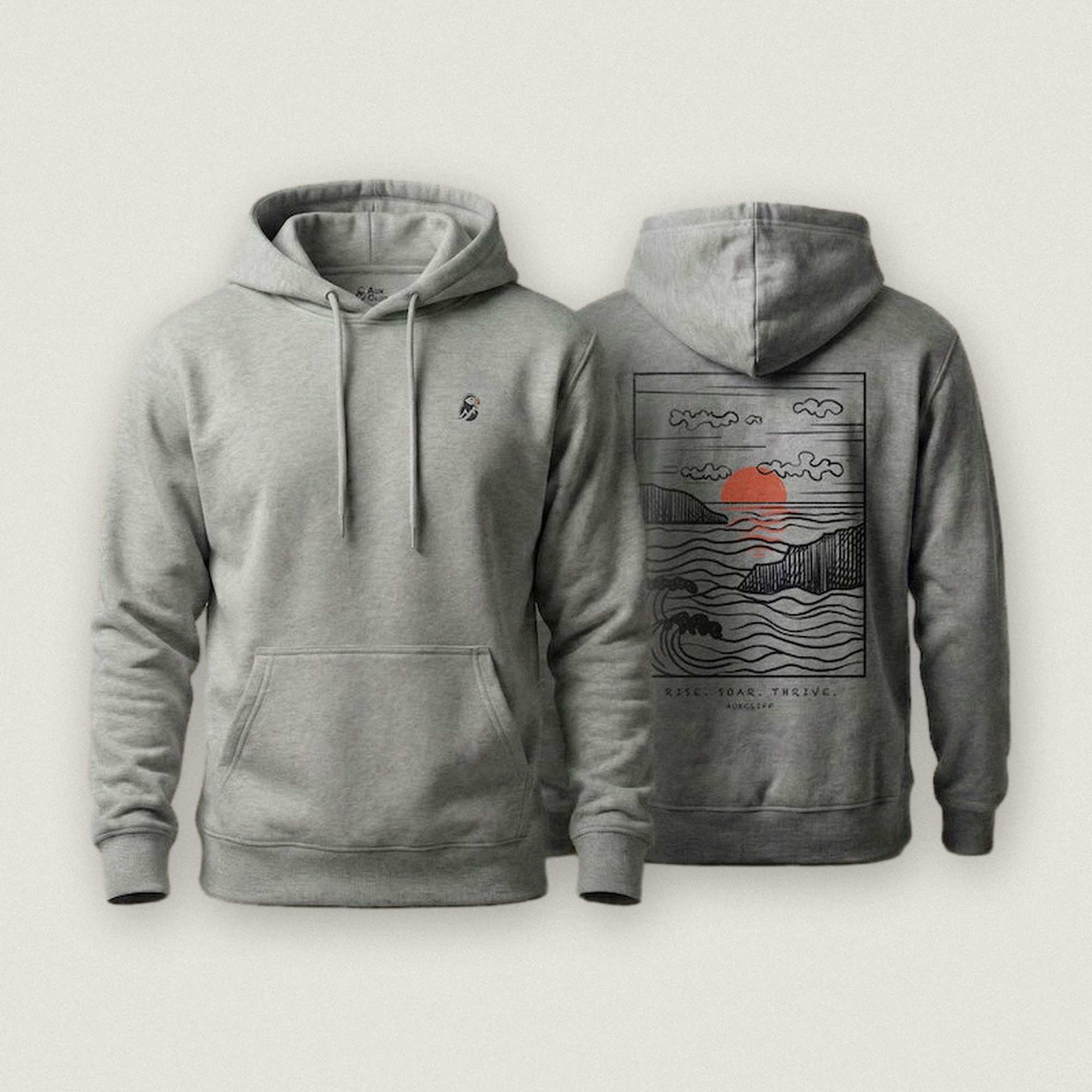 AukCliff Ocean Sunset Waves hoodie in Carbon Grey, hand-drawn sunset and waves line art across the back