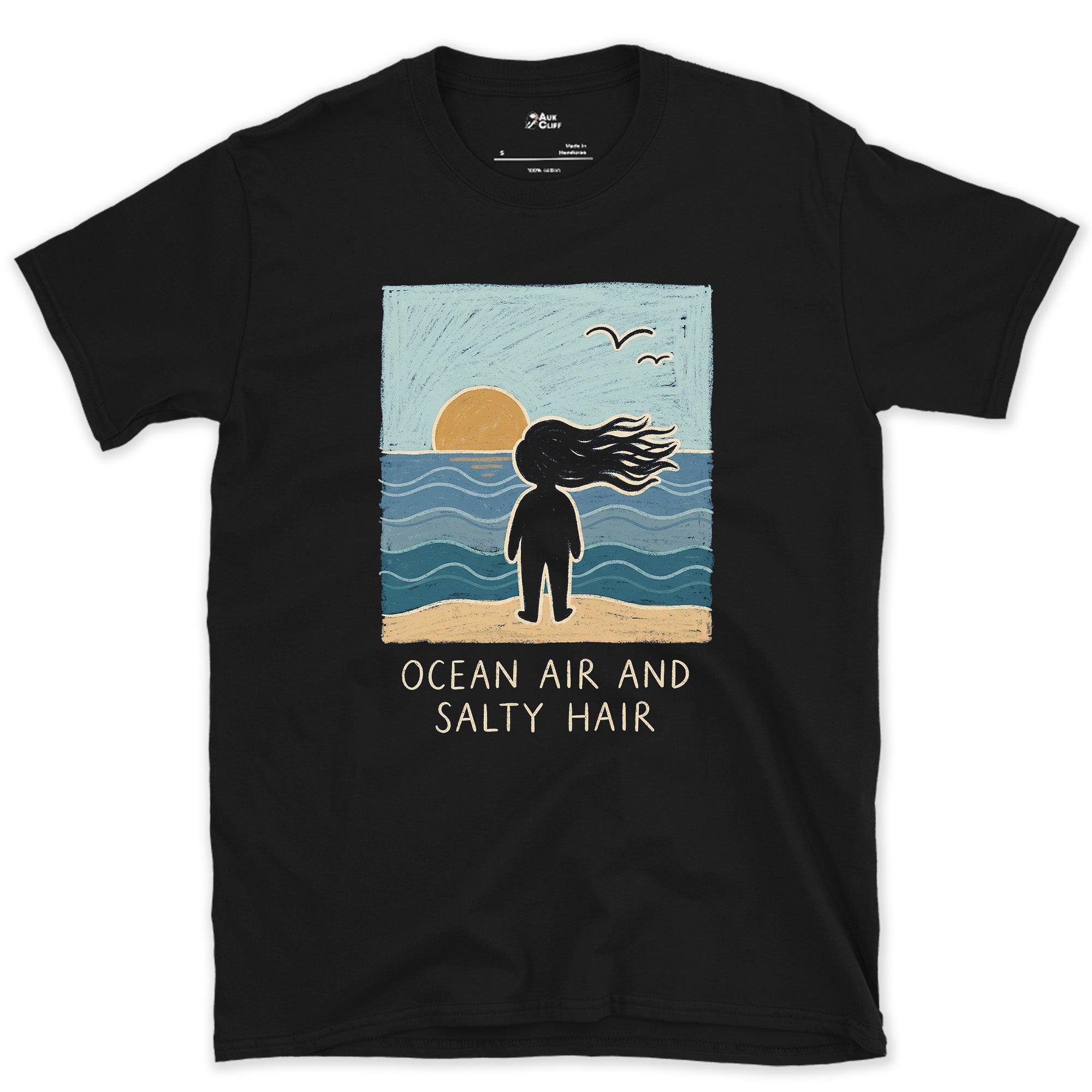 Ocean Air and Salty Hair design on a Black Gildan Softstyle t-shirt