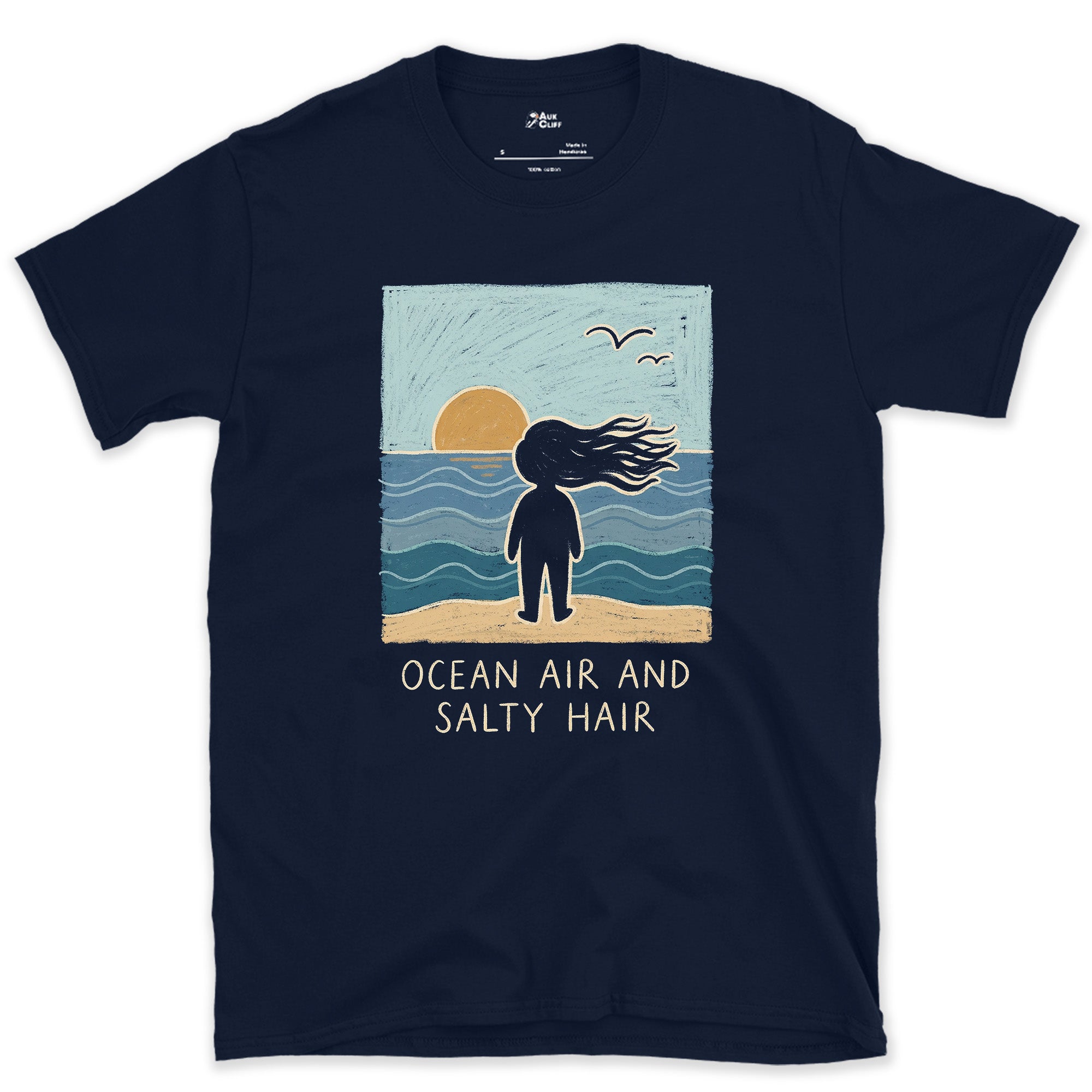 Ocean Air and Salty Hair design on a Navy Gildan Softstyle t-shirt
