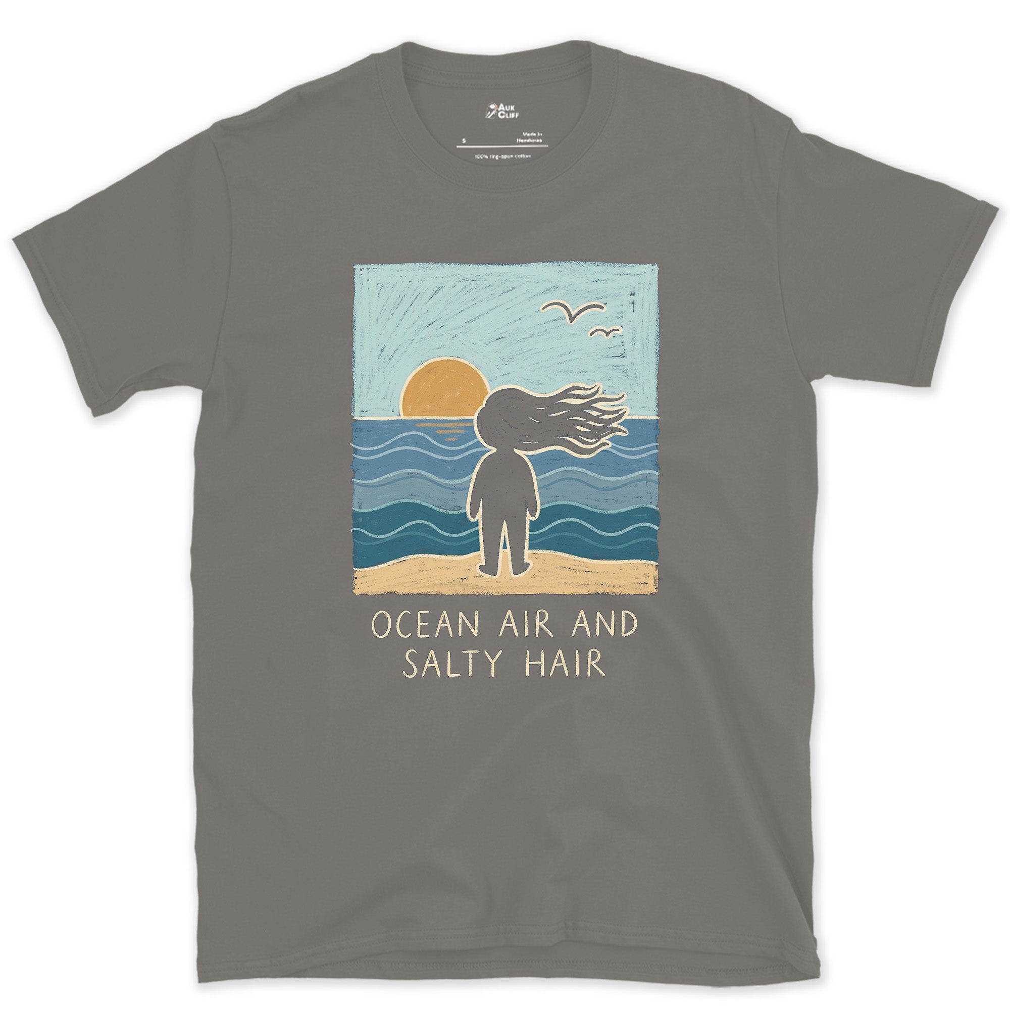 Ocean Air and Salty Hair design on a Charcoal Gildan Softstyle t-shirt
