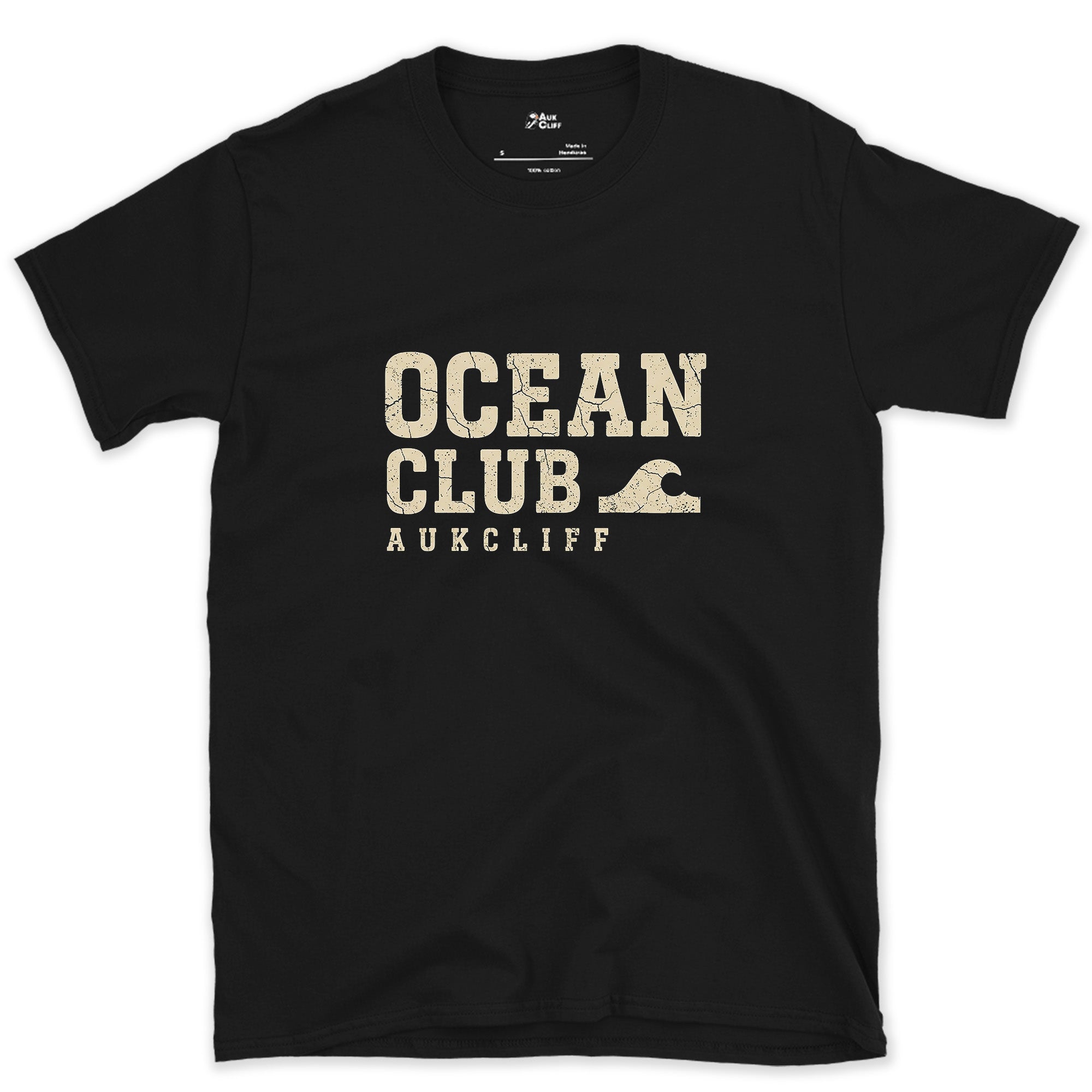The Ocean Club, Small Wave Badge design on a Black Gildan Softstyle t-shirt