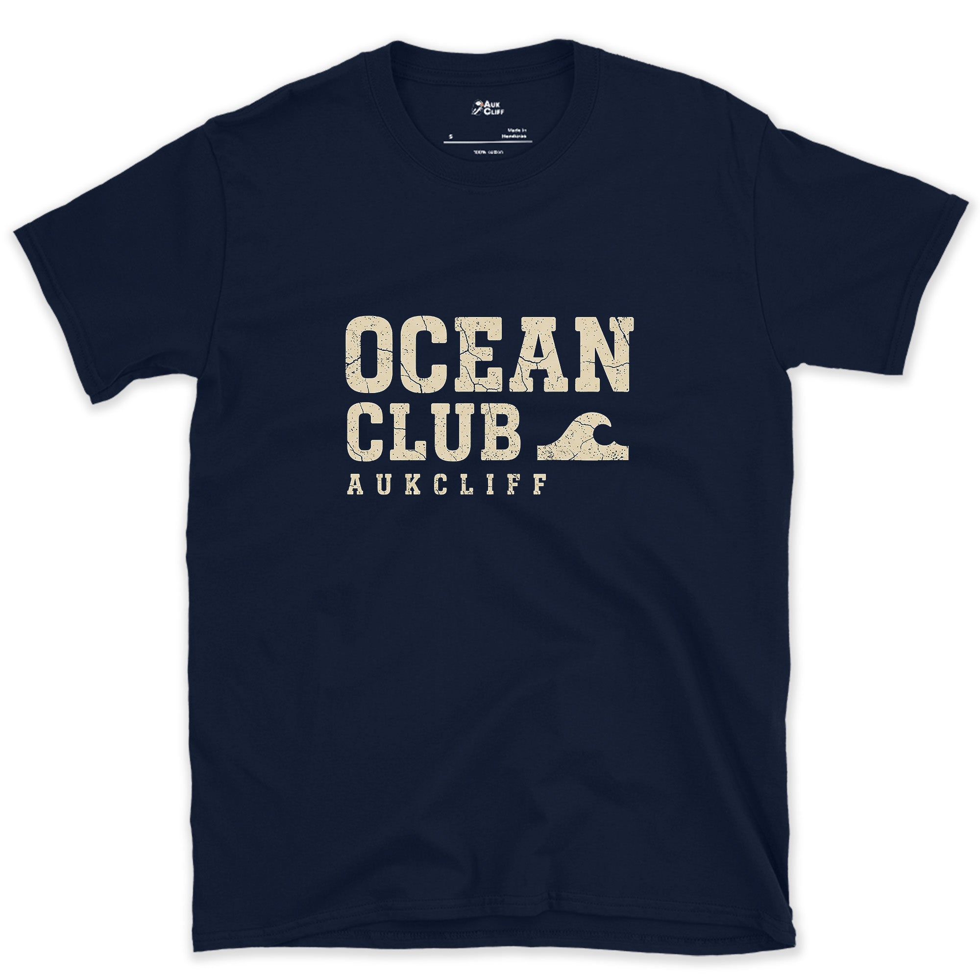 The Ocean Club, Small Wave Badge design on a Navy Gildan Softstyle t-shirt