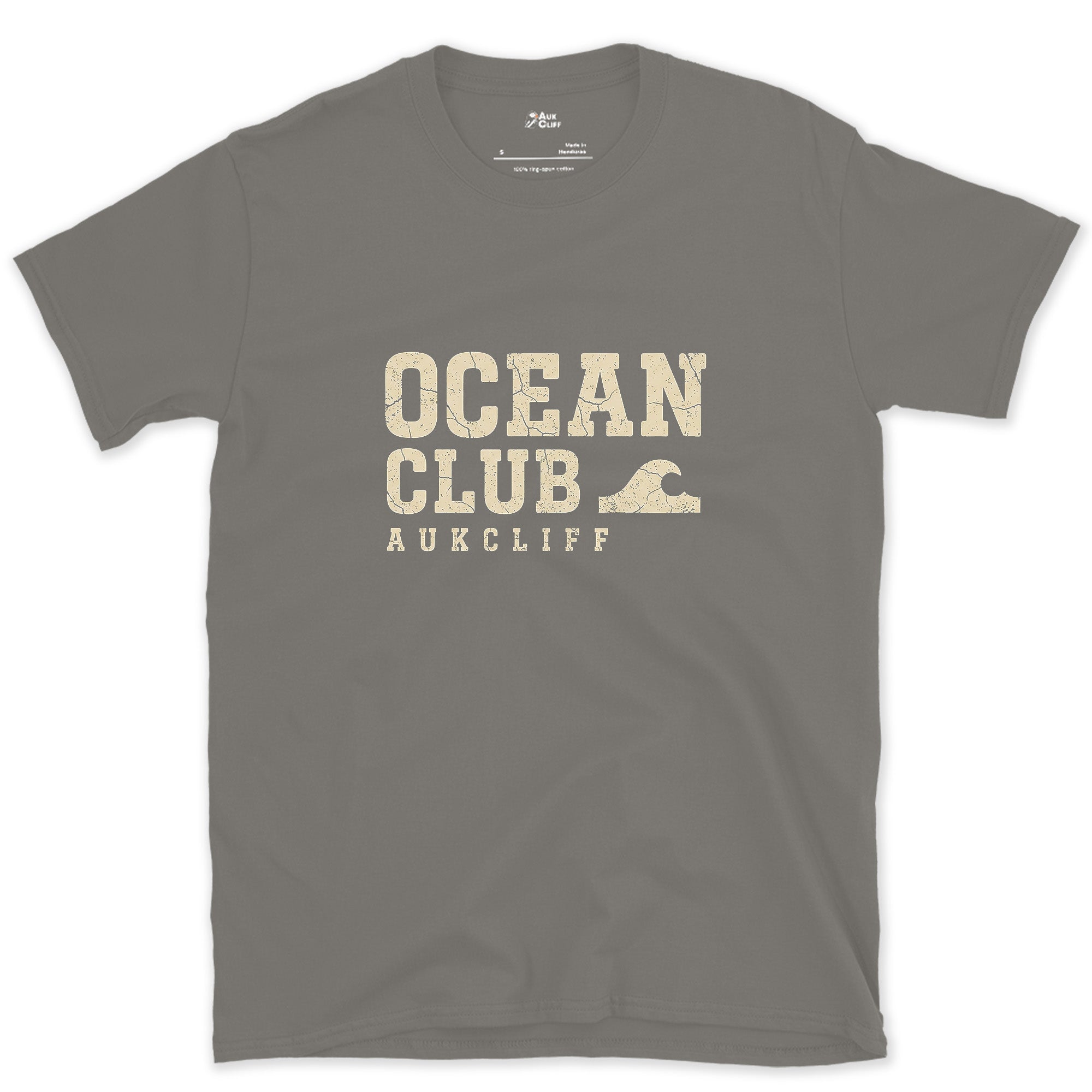 The Ocean Club, Small Wave Badge design on a Charcoal Gildan Softstyle t-shirt