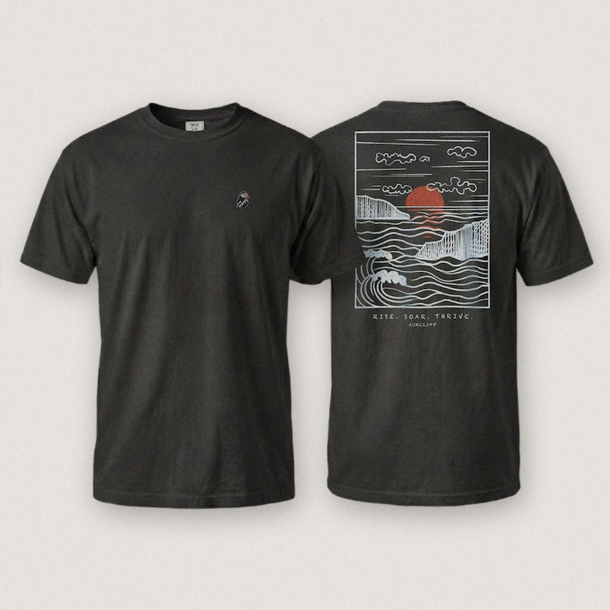 AukCliff Ocean Sunset Waves tee in Black, sunset and waves line art across the back