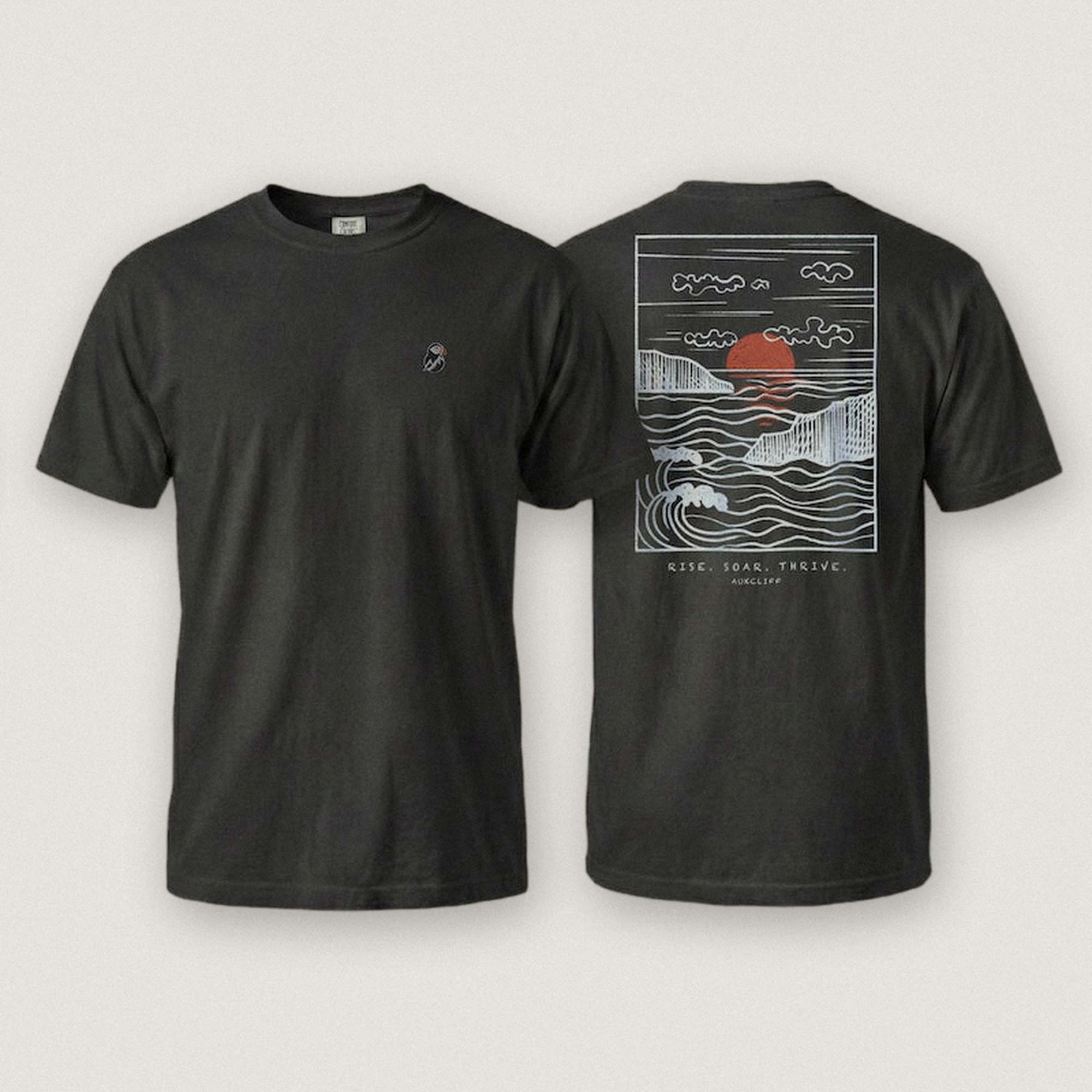 AukCliff Ocean Sunset Waves tee in Black, hand-drawn sunset and waves line art across the back