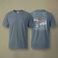 AukCliff Ocean Sunset Waves tee in Blue Jean, hand-drawn sunset and waves line art across the back