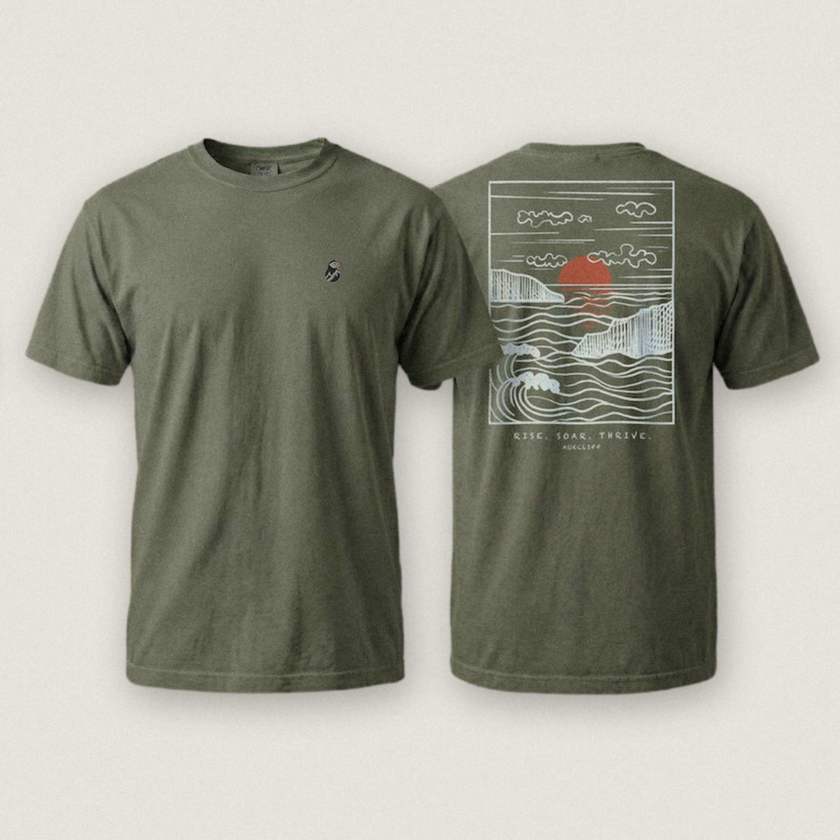 AukCliff Ocean Sunset Waves tee in Blue Jean, sunset and waves line art across the back