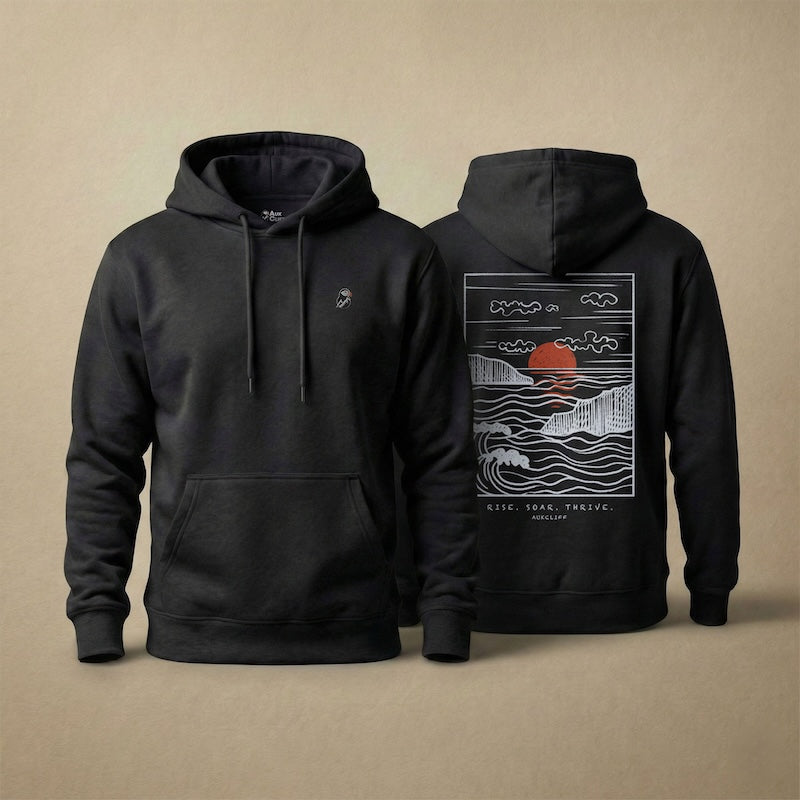 AukCliff Ocean Sunset Waves hoodie in Black, hand-drawn sunset and waves line art across the back