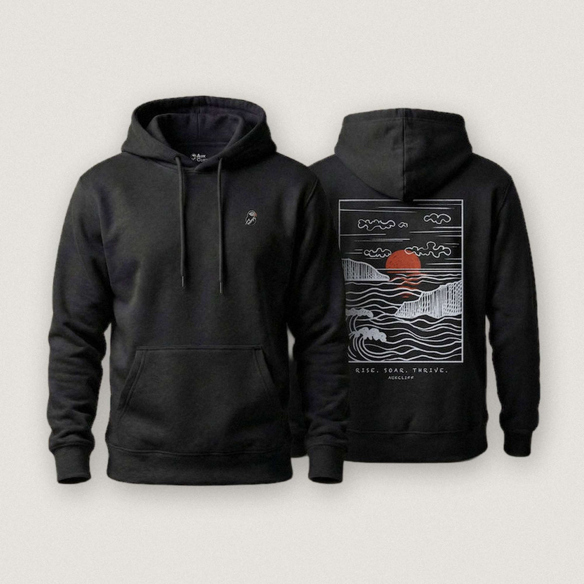 AukCliff Ocean Sunset Waves hoodie in Black, sunset and waves line art across the back