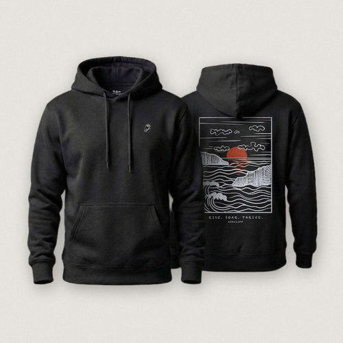 AukCliff Ocean Sunset Waves hoodie in Black, sunset and waves line art across the back