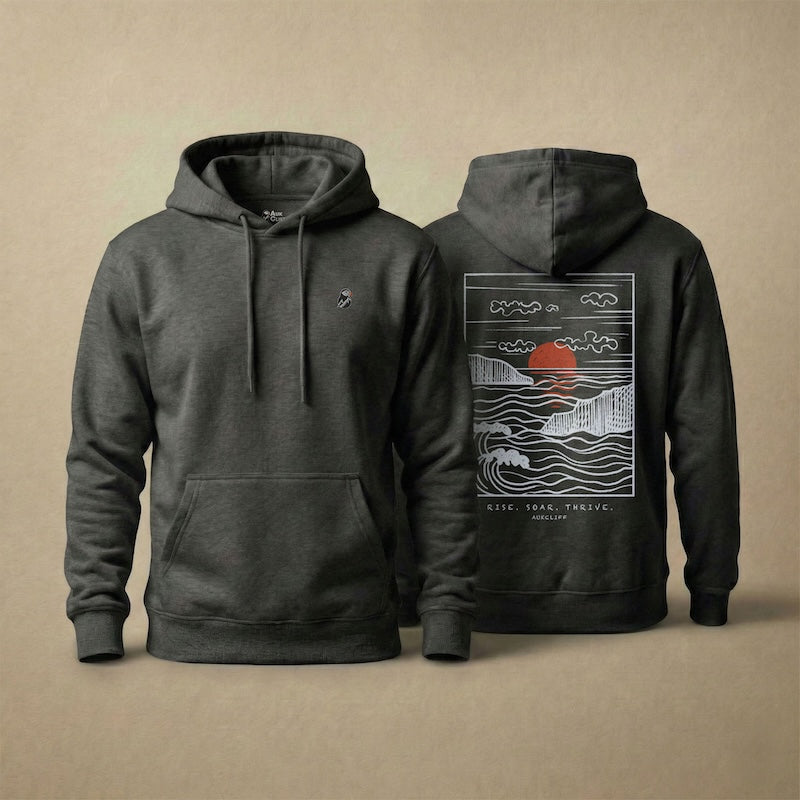 AukCliff Ocean Sunset Waves hoodie in Charcoal Heather, hand-drawn sunset and waves line art across the back