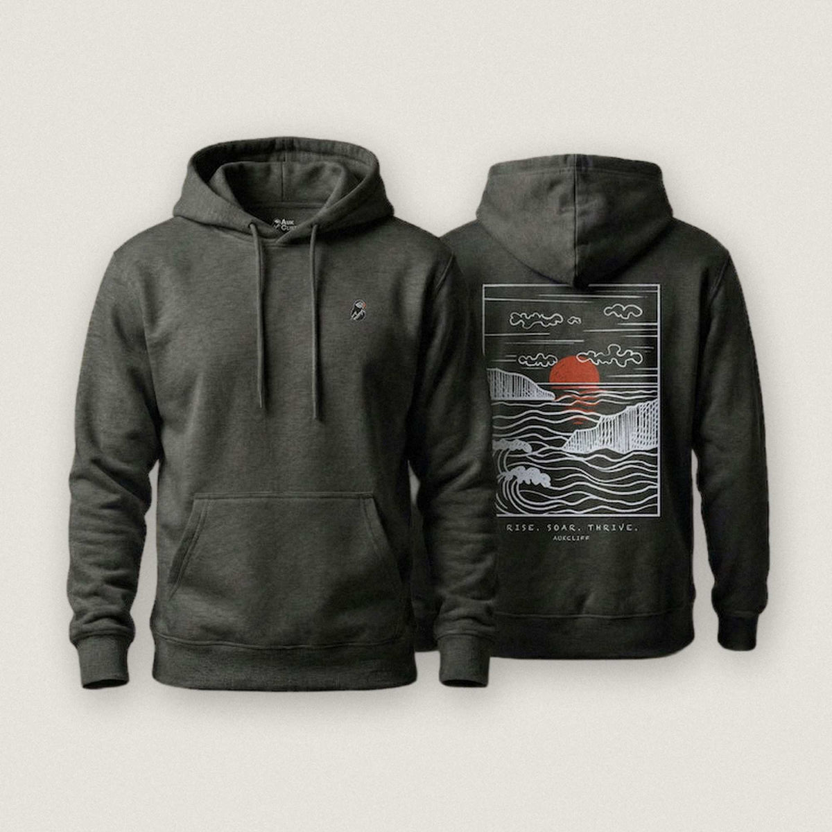 AukCliff Ocean Sunset Waves hoodie in Charcoal Heather, sunset and waves line art across the back