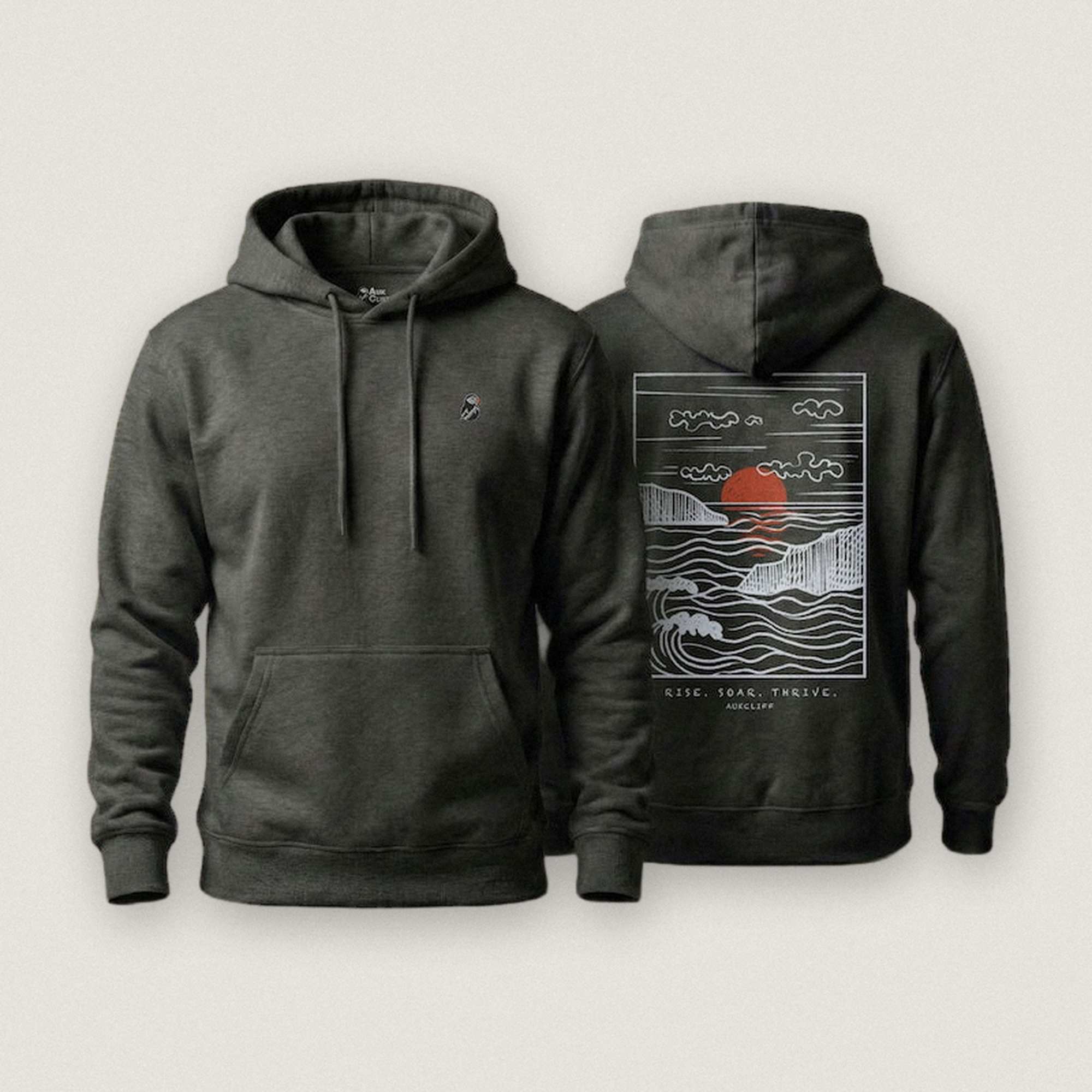 AukCliff Ocean Sunset Waves hoodie in Charcoal Heather, hand-drawn sunset and waves line art across the back