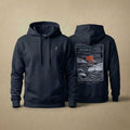 AukCliff Ocean Sunset Waves hoodie in Navy, hand-drawn sunset and waves line art across the back