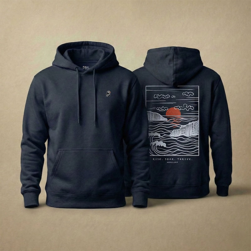 AukCliff Ocean Sunset Waves hoodie in Navy, hand-drawn sunset and waves line art across the back