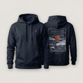 AukCliff Ocean Sunset Waves hoodie in Navy, hand-drawn sunset and waves line art across the back