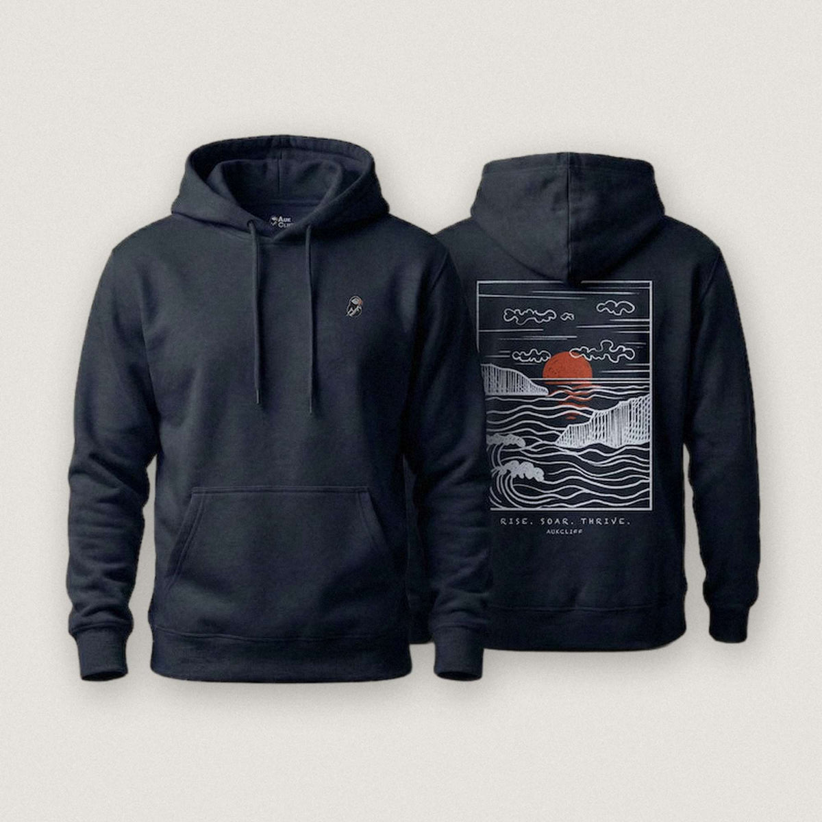 AukCliff Ocean Sunset Waves hoodie in Navy, sunset and waves line art across the back