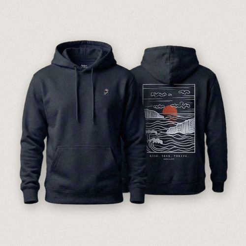 AukCliff Ocean Sunset Waves hoodie in Navy, sunset and waves line art across the back