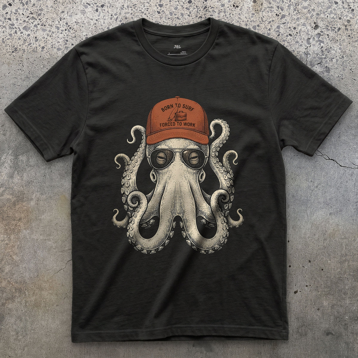 Born to Surf, Octopus in a Trucker Cap design on a Black Gildan Softstyle t-shirt