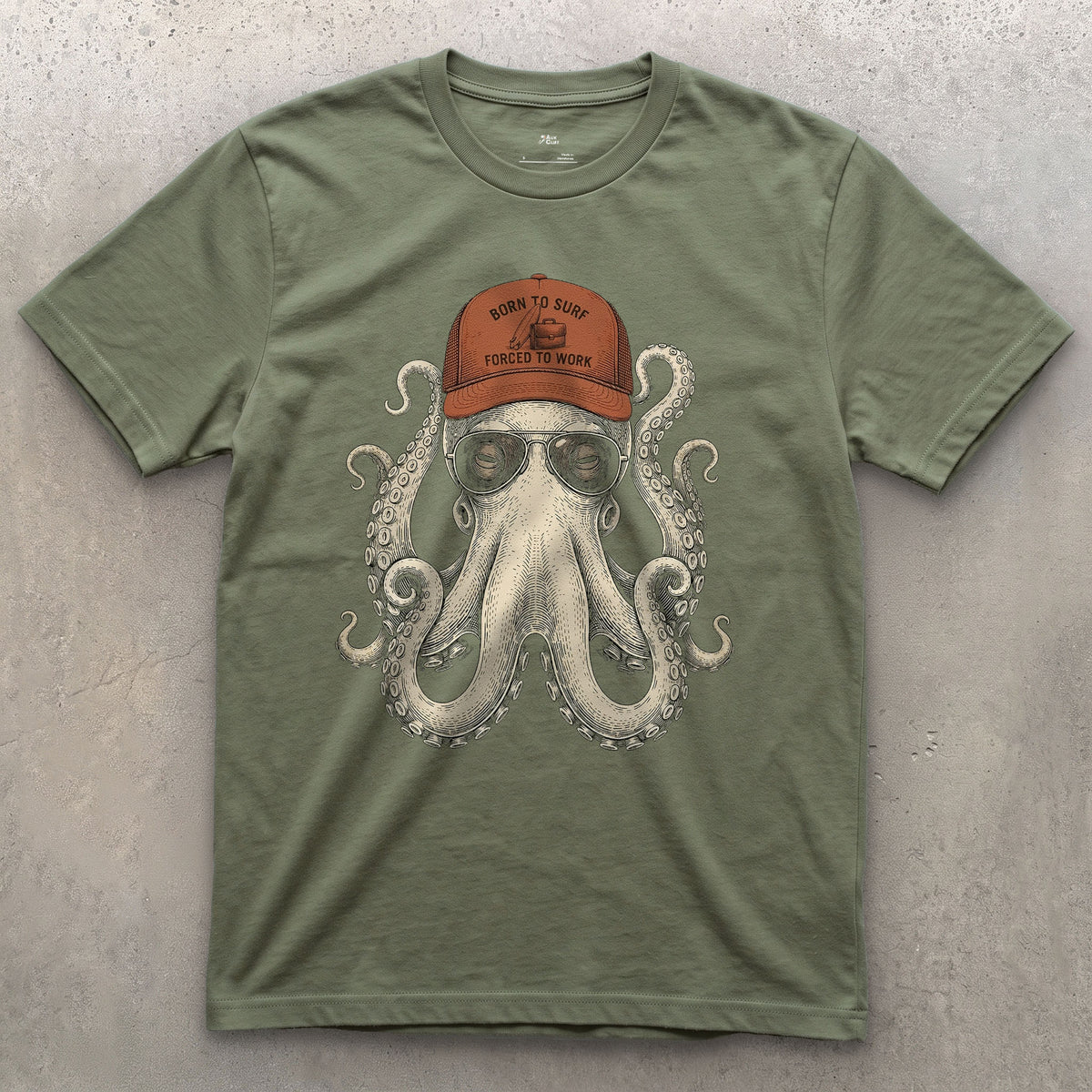 Born to Surf, Octopus in a Trucker Cap design on a Military Green Gildan Softstyle t-shirt