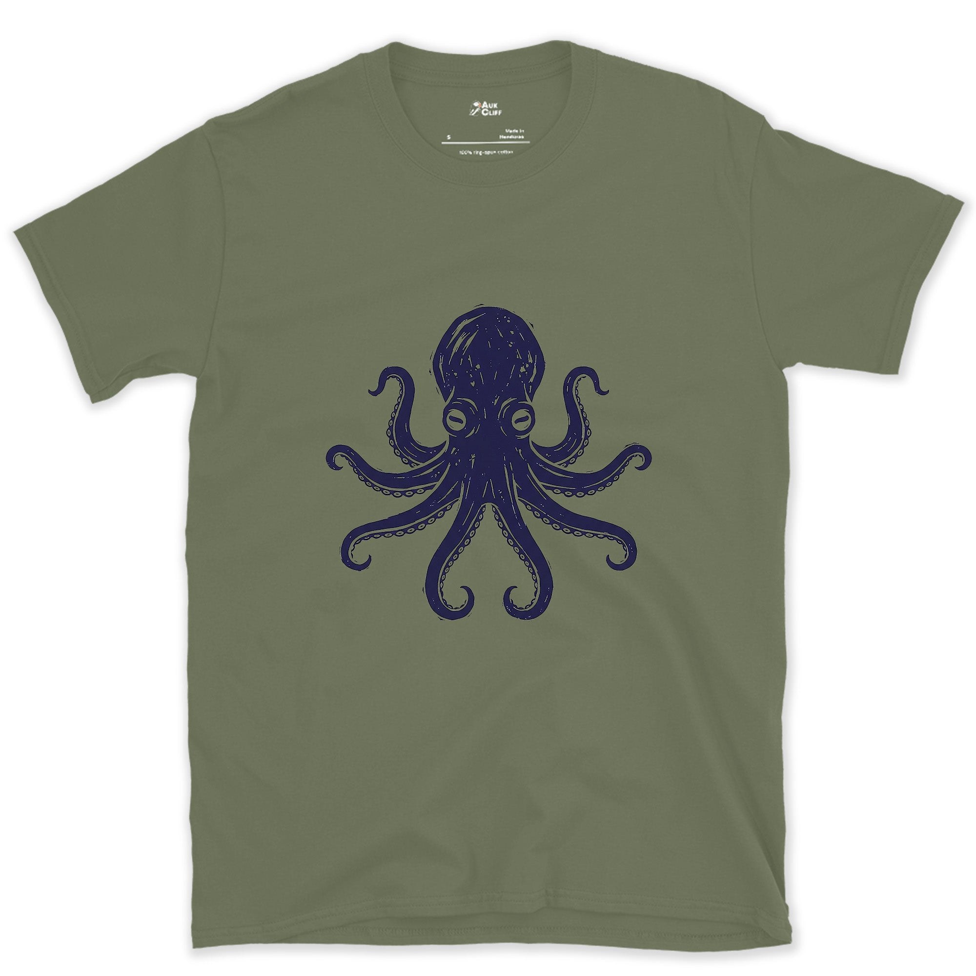 Every Arm, Every Sucker, Navy Octopus design on a Military Green Gildan Softstyle t-shirt