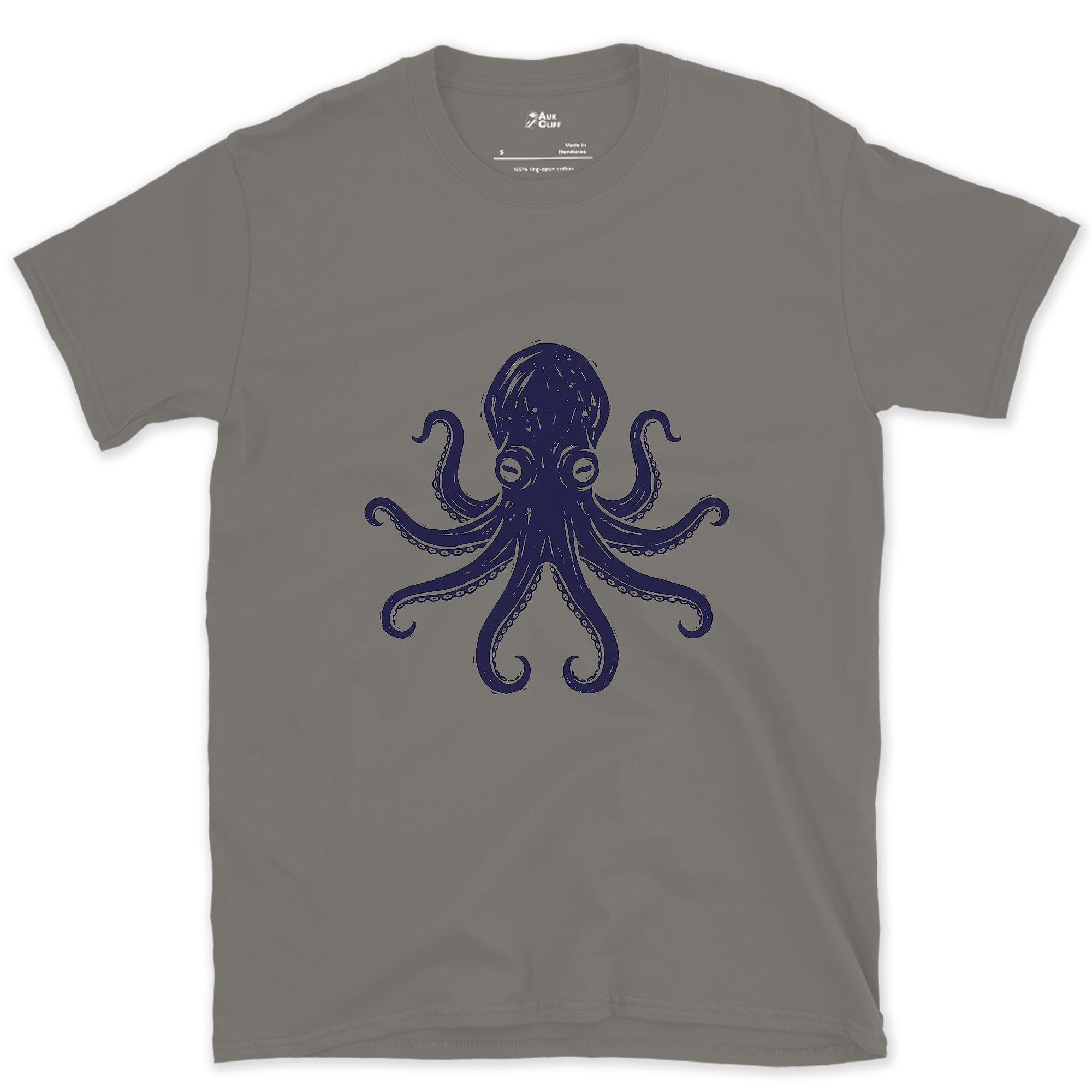 Every Arm, Every Sucker, Navy Octopus design on a Charcoal Gildan Softstyle t-shirt