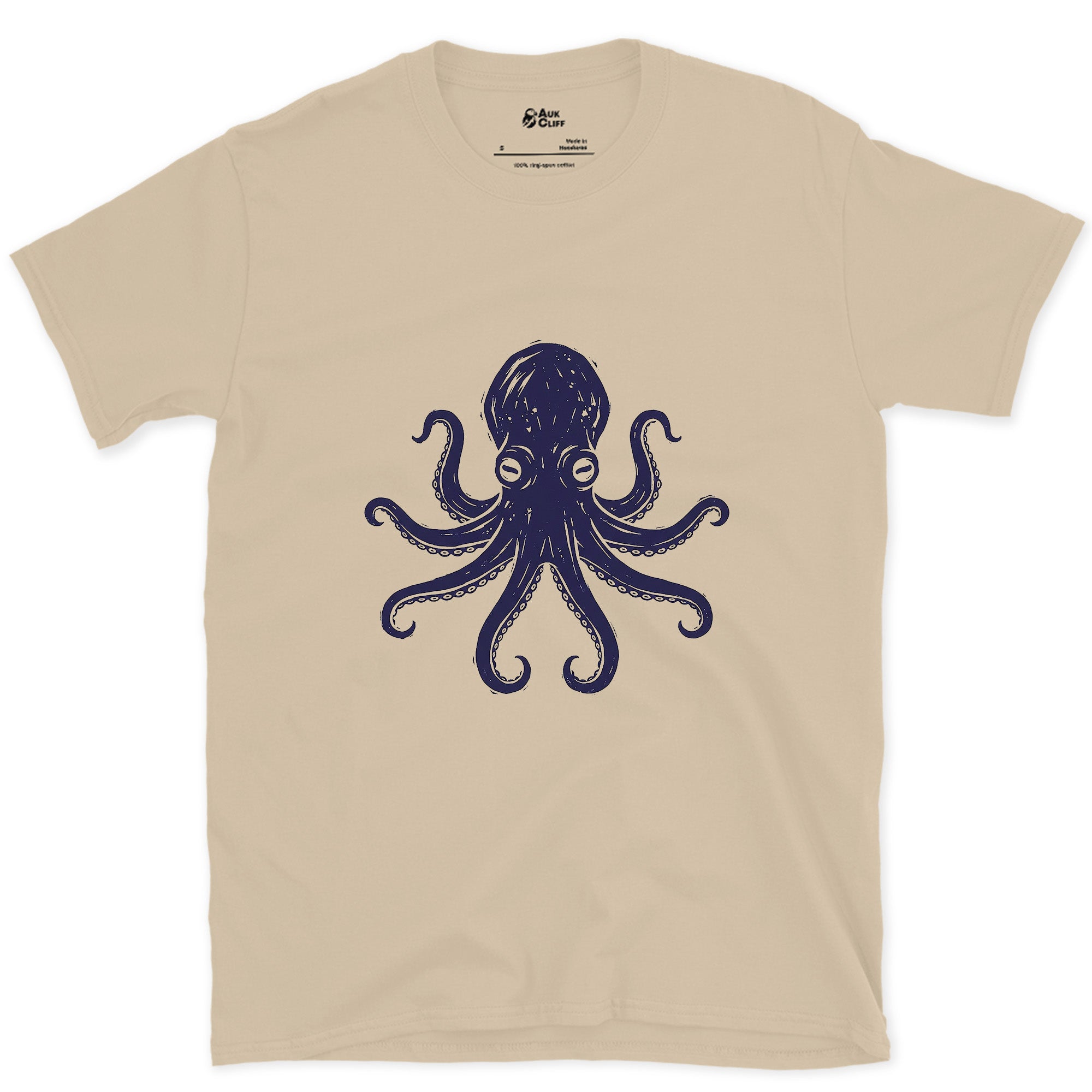 Every Arm, Every Sucker, Navy Octopus design on a Sand Gildan Softstyle t-shirt