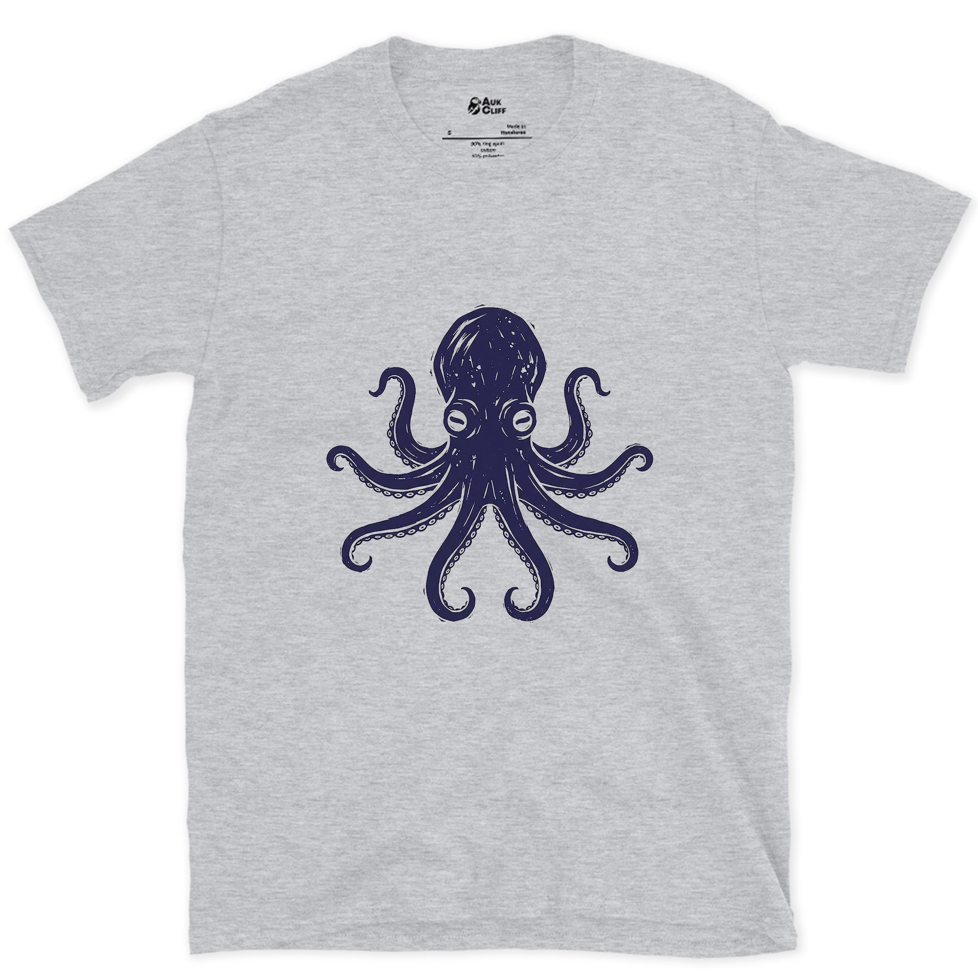 Every Arm, Every Sucker, Navy Octopus design on a Sport Grey Gildan Softstyle t-shirt