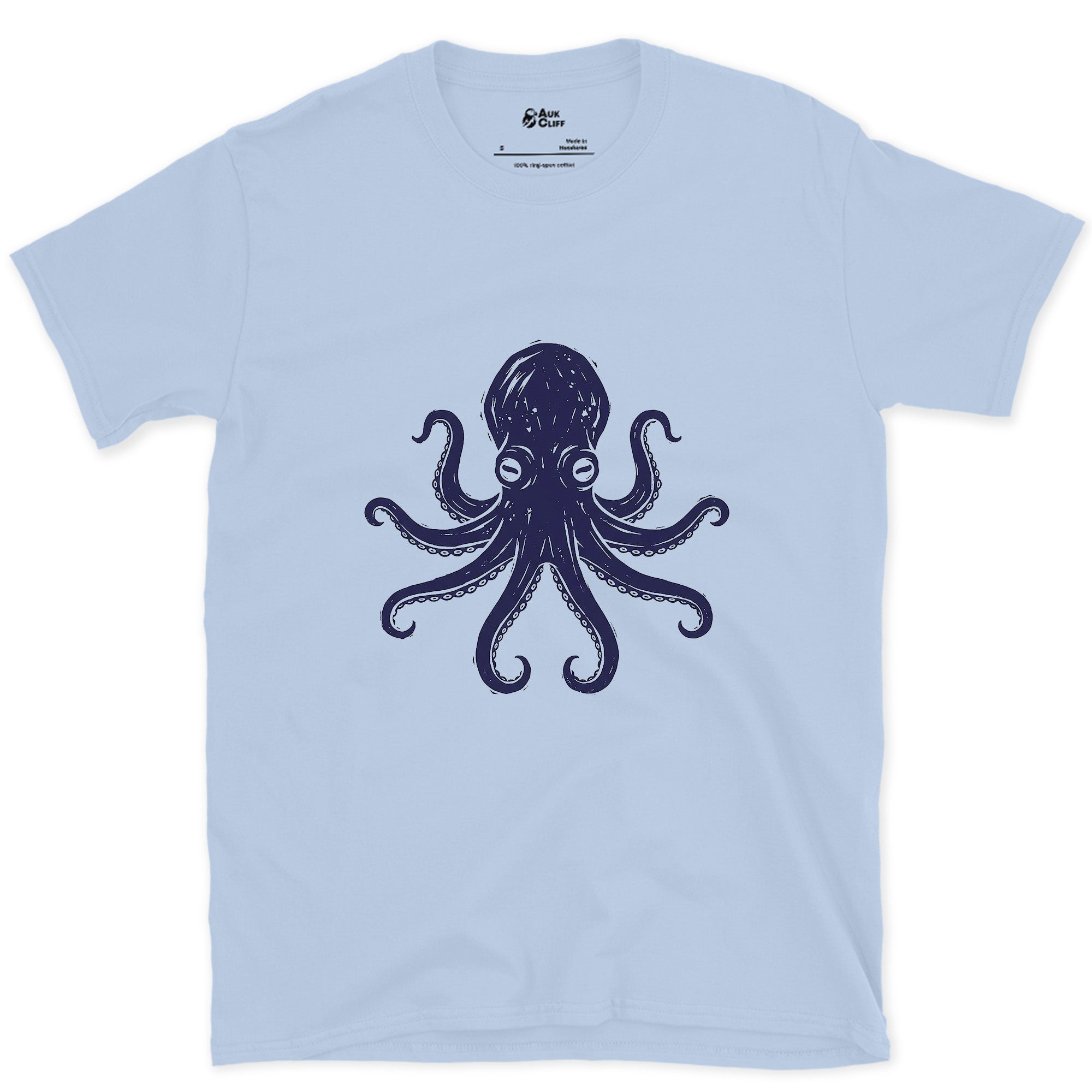 Every Arm, Every Sucker, Navy Octopus design on a Light Blue Gildan Softstyle t-shirt