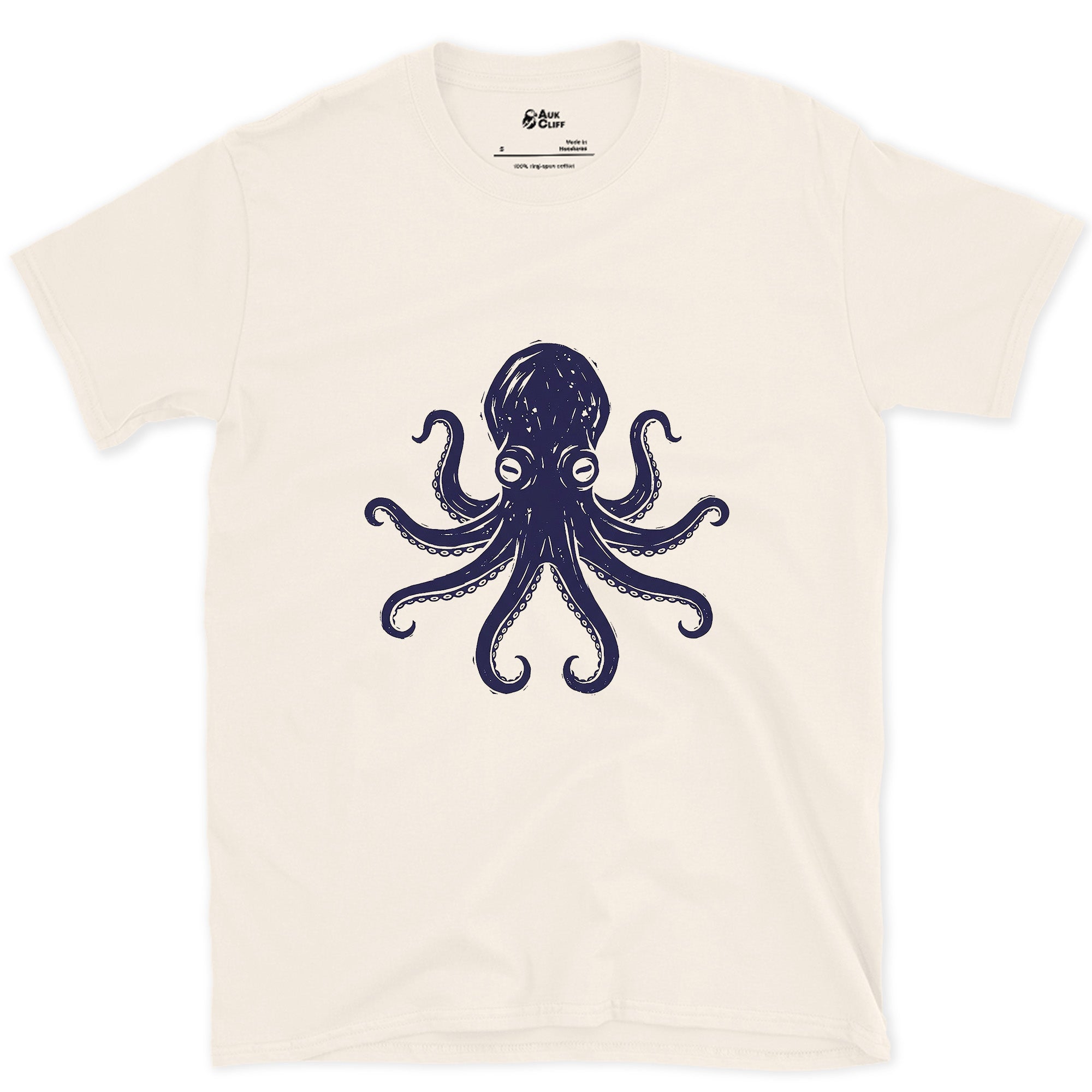 Every Arm, Every Sucker, Navy Octopus design on a Natural Gildan Softstyle t-shirt