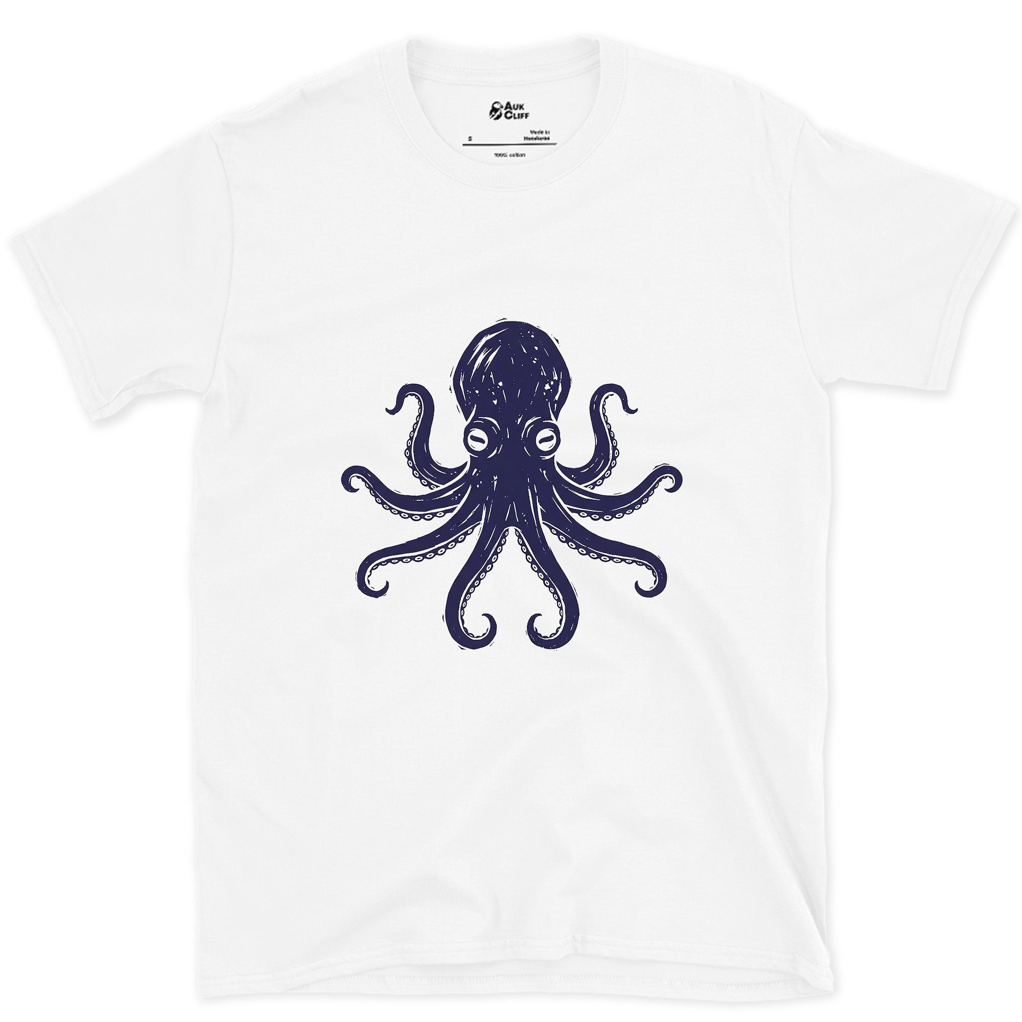 Every Arm, Every Sucker, Navy Octopus design on a White Gildan Softstyle t-shirt
