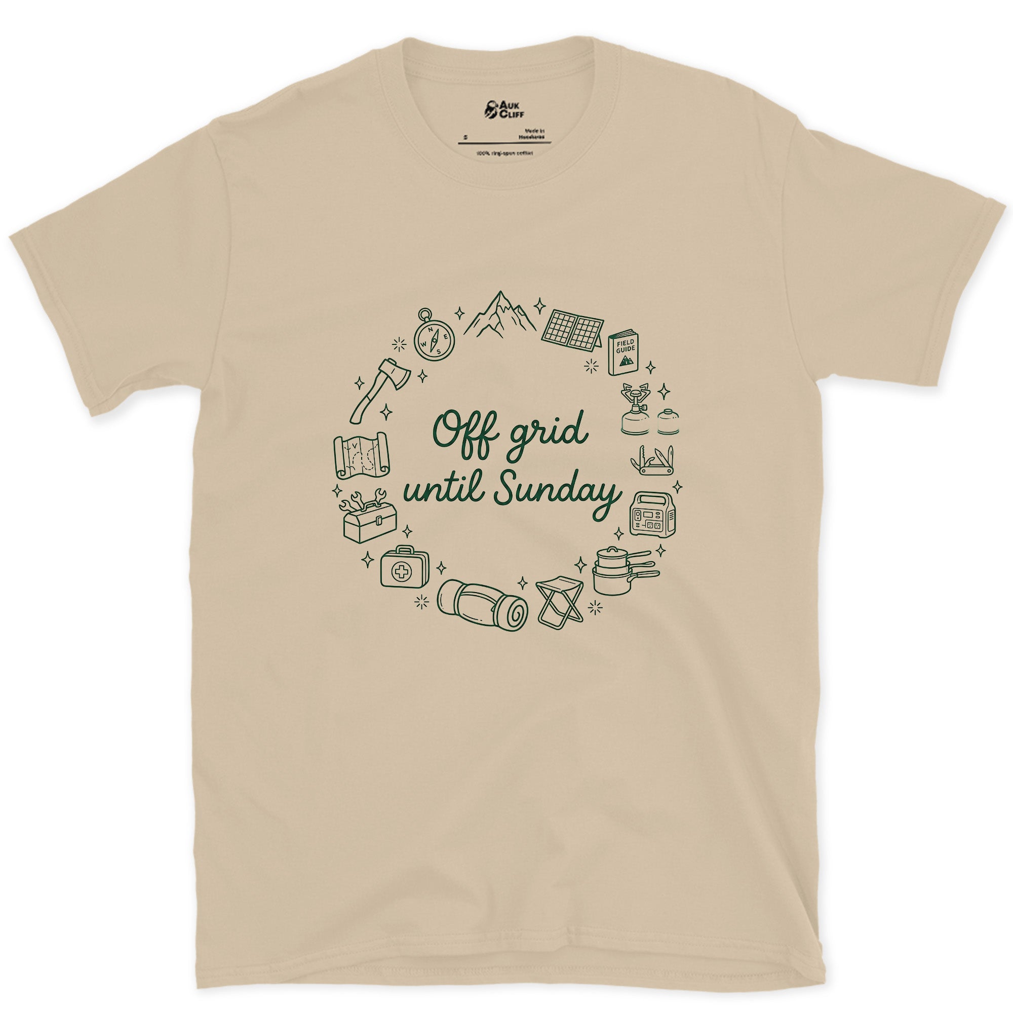 Off Grid Until Sunday, Ring of Camp Gear design on a Sand Gildan Softstyle t-shirt