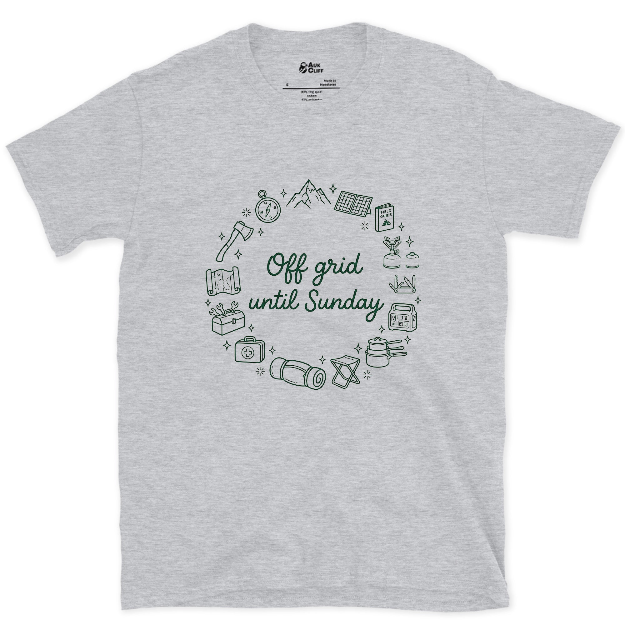 Off Grid Until Sunday, Ring of Camp Gear design on a Sport Grey Gildan Softstyle t-shirt