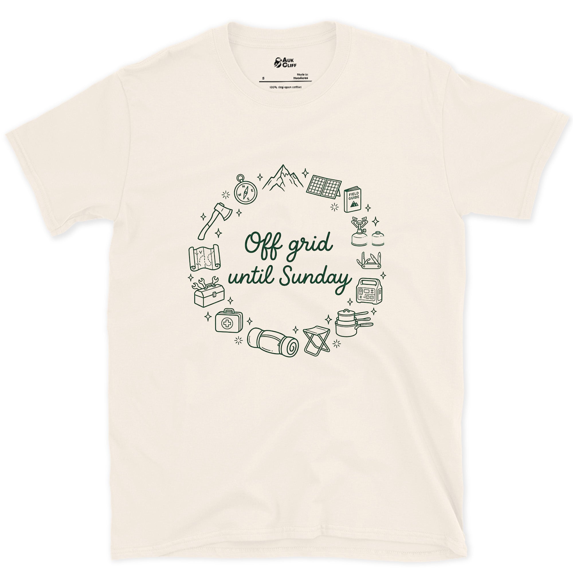 Off Grid Until Sunday, Ring of Camp Gear design on a Natural Gildan Softstyle t-shirt