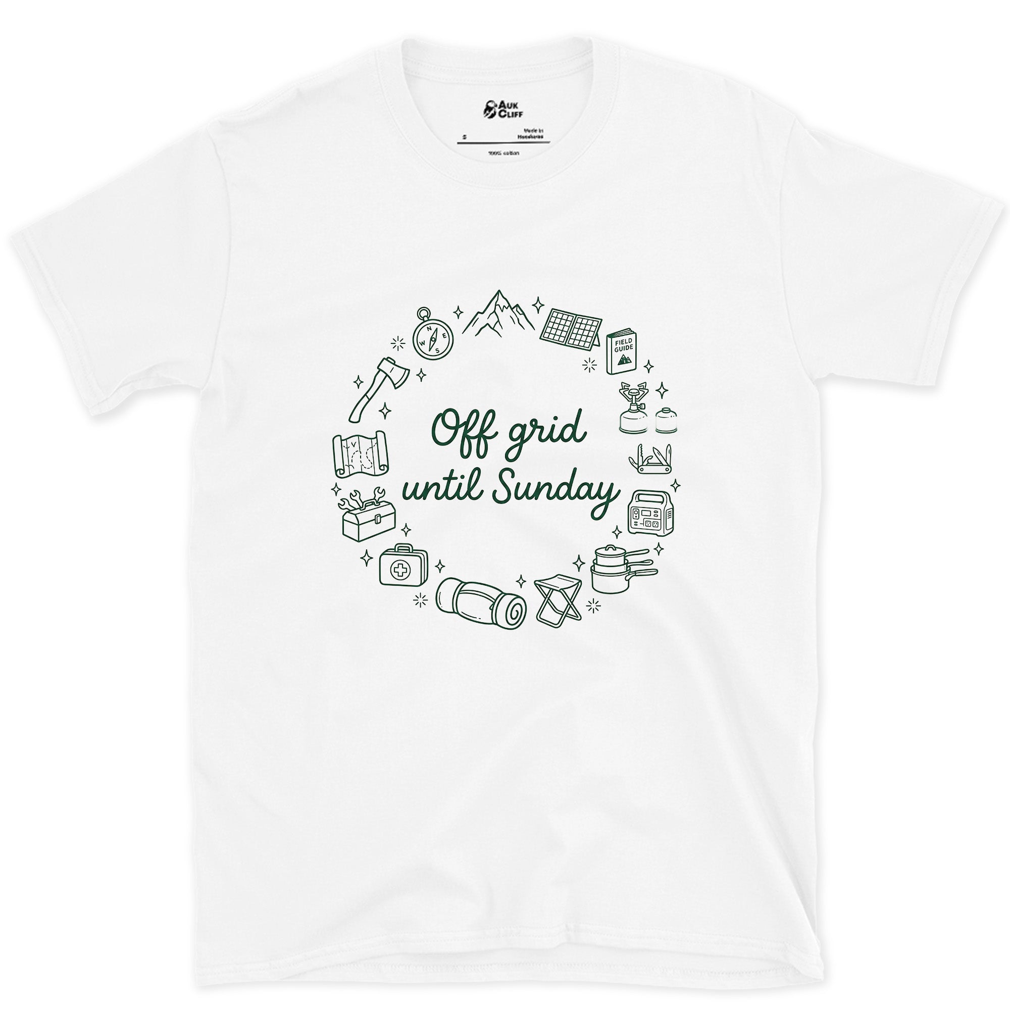 Off Grid Until Sunday, Ring of Camp Gear design on a White Gildan Softstyle t-shirt