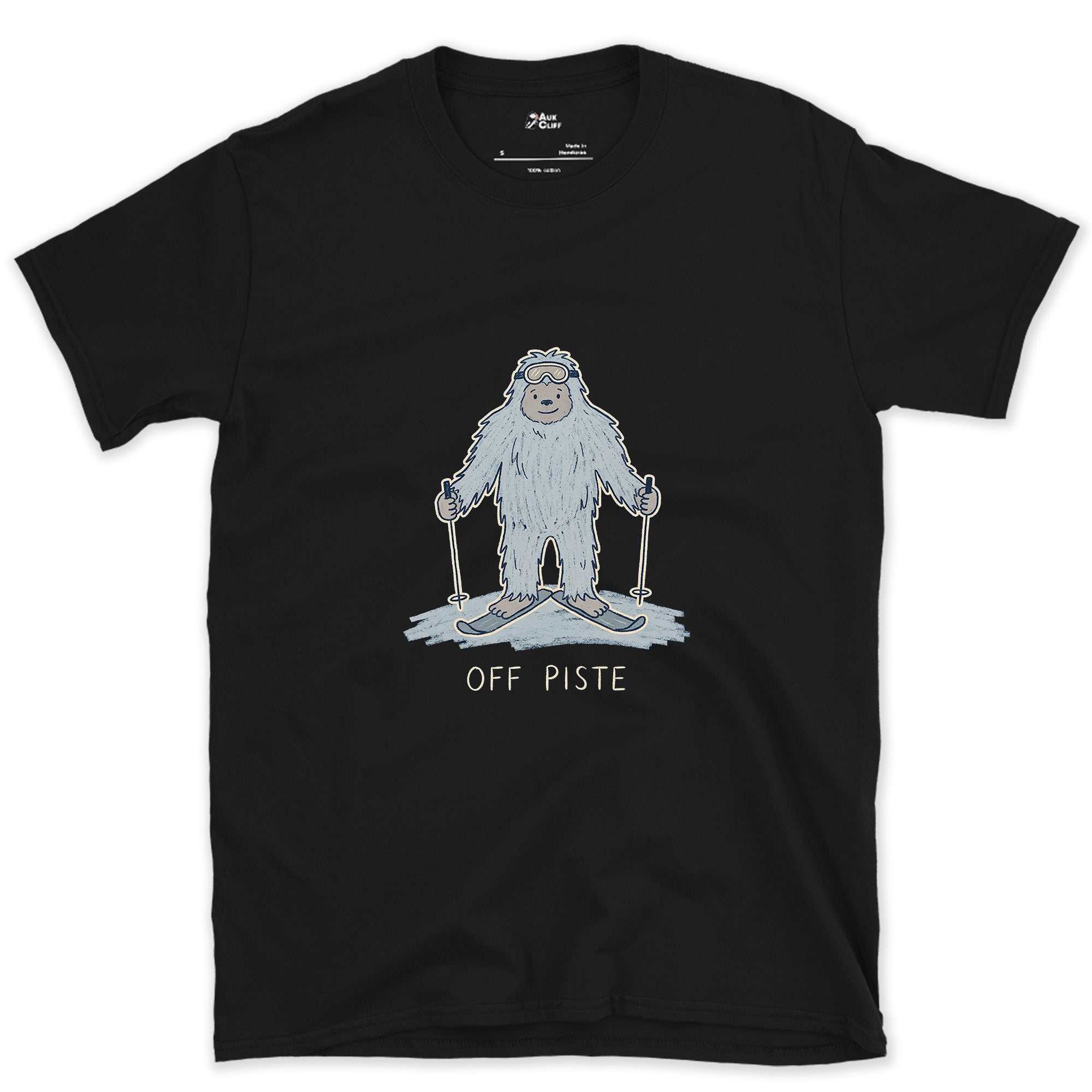 Off Piste Yeti Standing Tall design on a Black Gildan Softstyle t-shirt