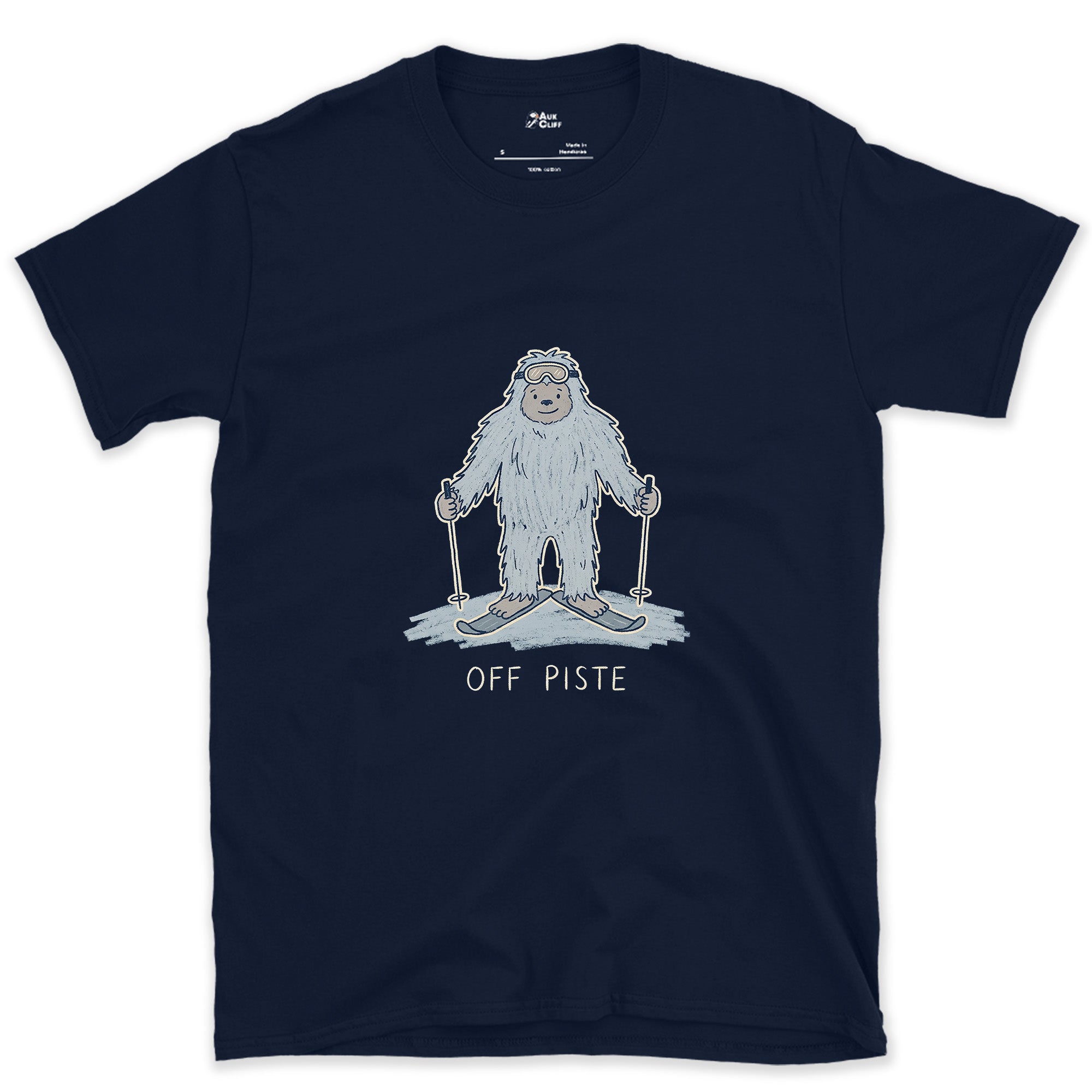 Off Piste Yeti Standing Tall design on a Navy Gildan Softstyle t-shirt