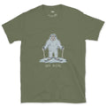Off Piste Yeti Standing Tall design on a Military Green Gildan Softstyle t-shirt