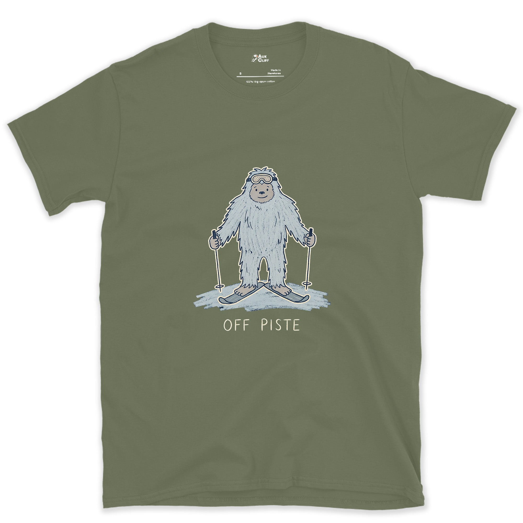 Off Piste Yeti Standing Tall design on a Military Green Gildan Softstyle t-shirt