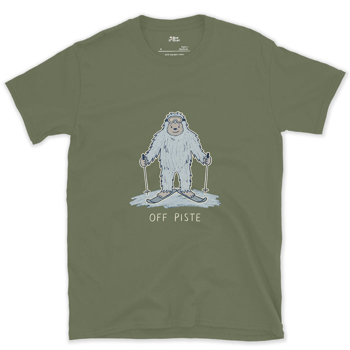 Off Piste Yeti Standing Tall design on a Military Green Gildan Softstyle t-shirt