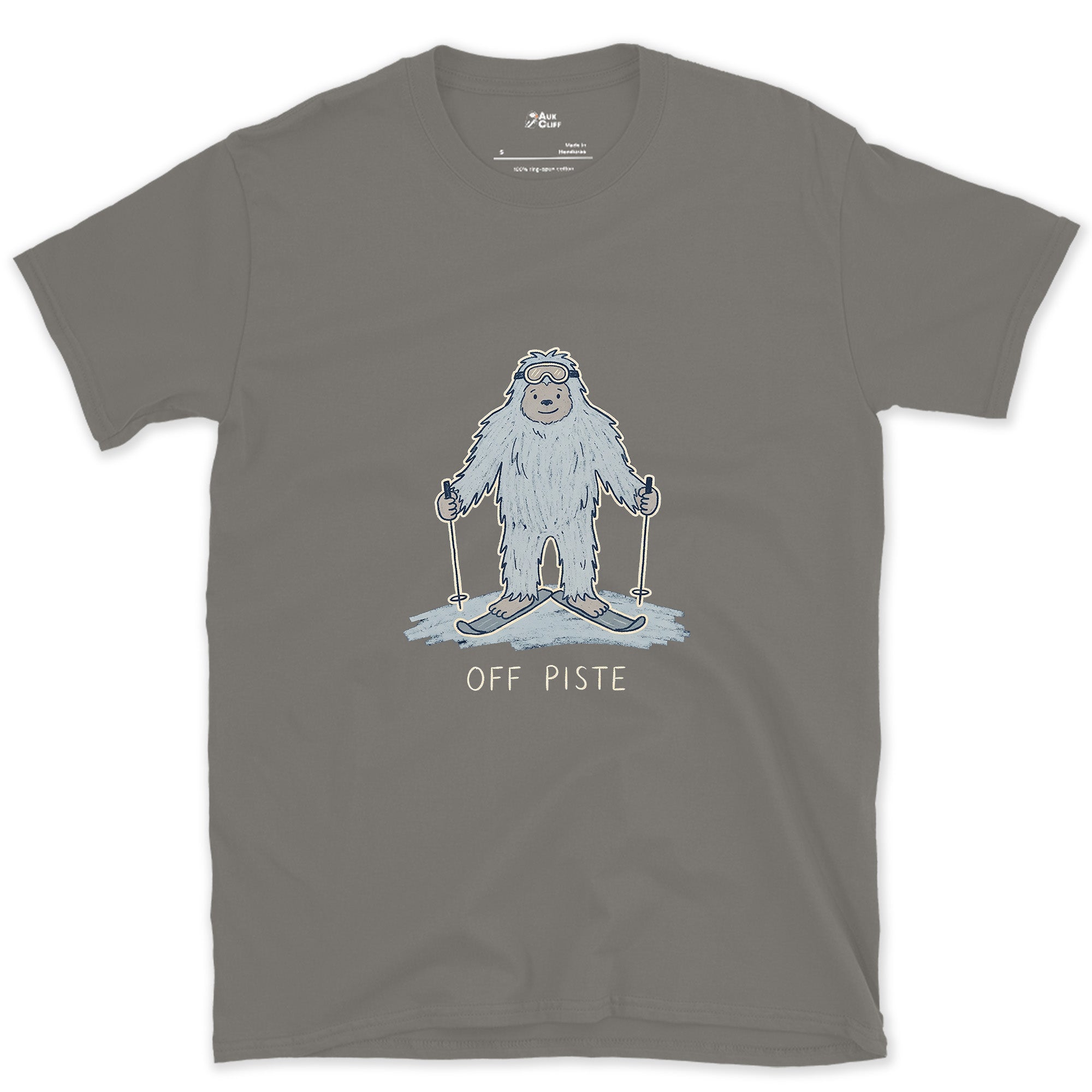 Off Piste Yeti Standing Tall design on a Charcoal Gildan Softstyle t-shirt