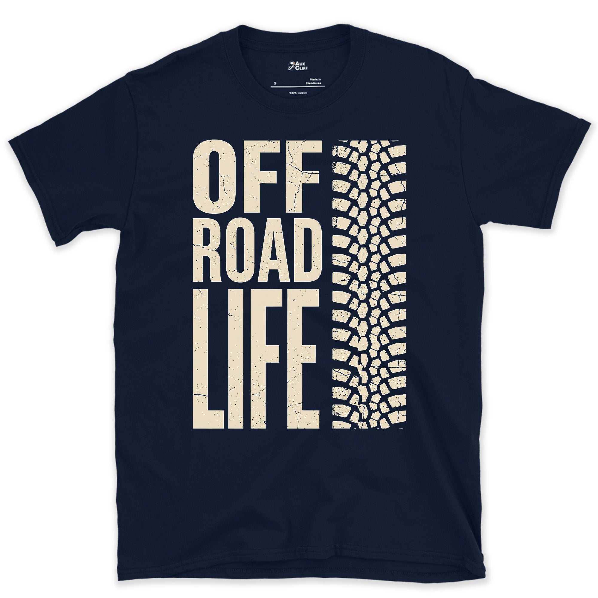 Off Road Life, Tire Tread Underfoot design on a Navy Gildan Softstyle t-shirt