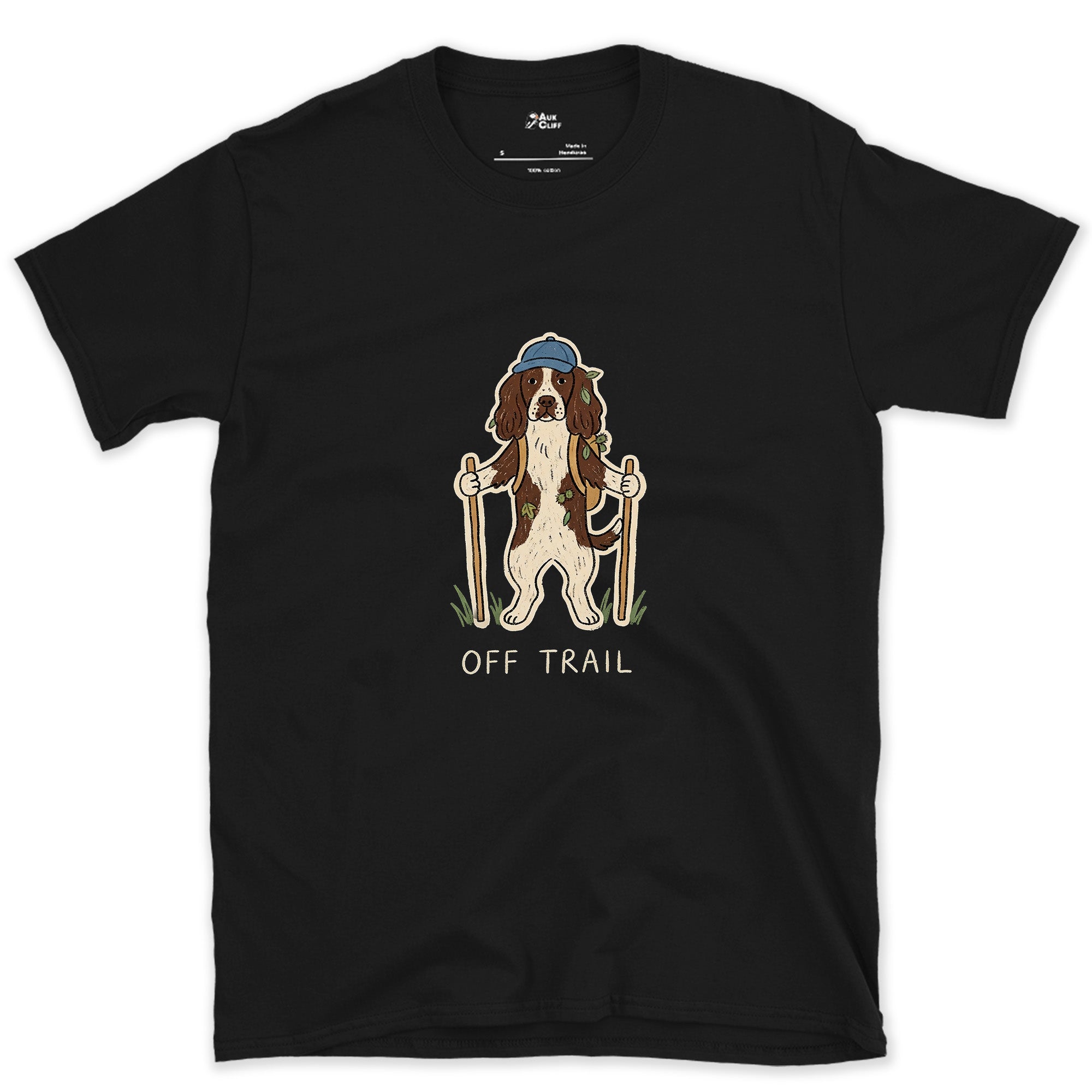 Off Trail Again, Springer Spaniel design on a Black Gildan Softstyle t-shirt
