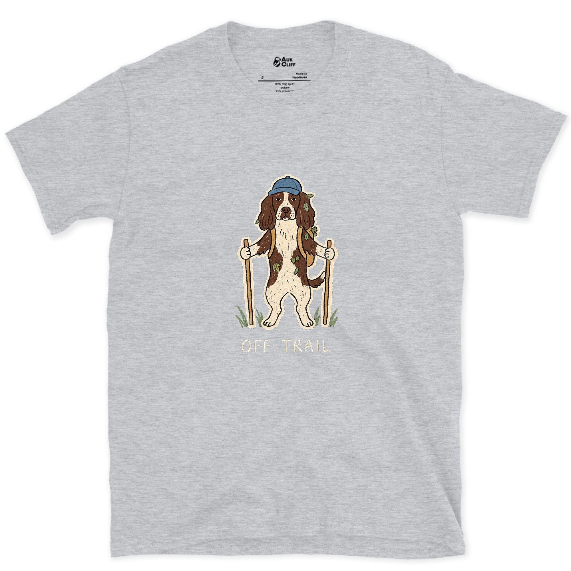 Off Trail Again, Springer Spaniel design on a Sport Grey Gildan Softstyle t-shirt