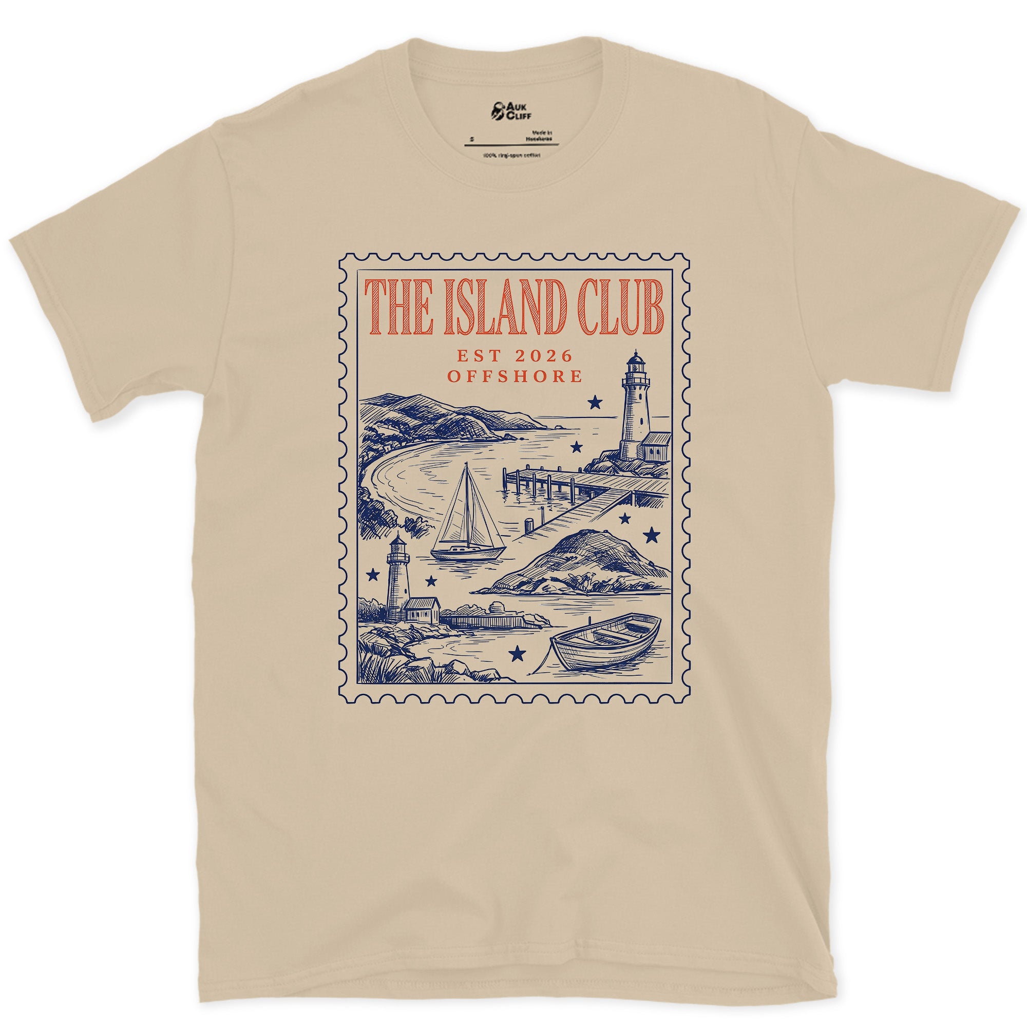 Offshore, Lighthouse and Harbour design on a Sand Gildan Softstyle t-shirt